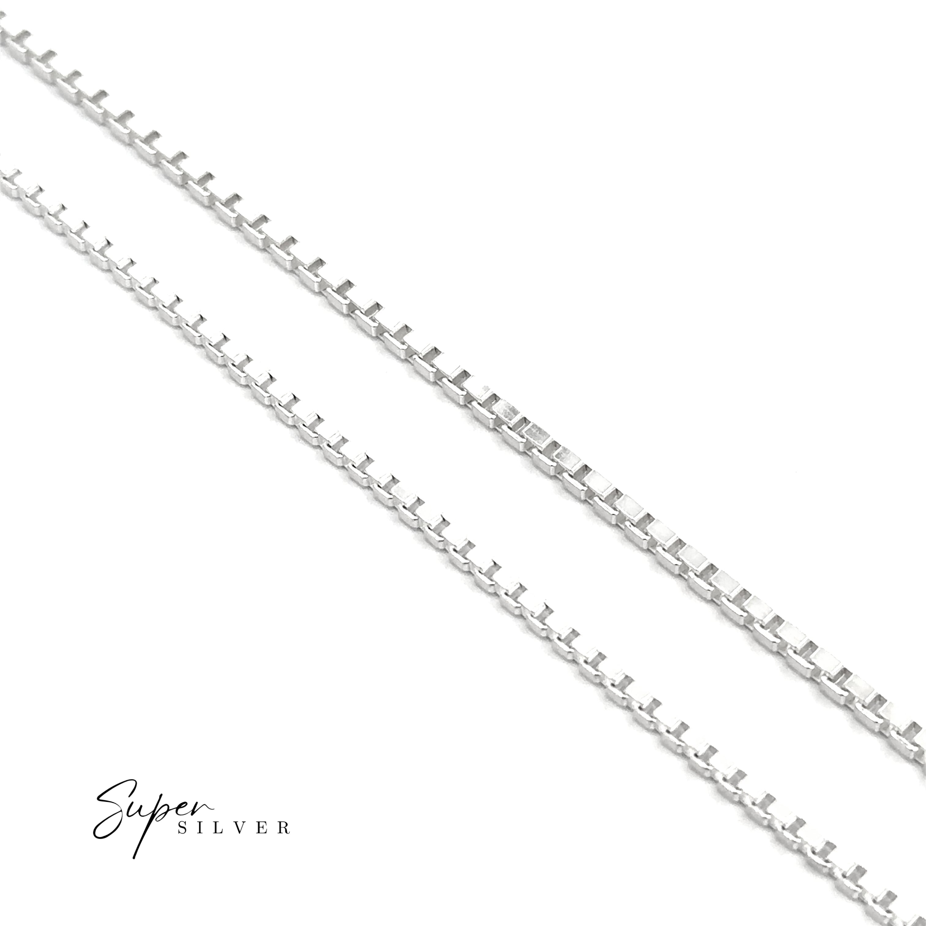 Two Bold Italian Box Chains in sterling silver are arranged diagonally on a white background with "Super Silver" shown in the lower left corner.