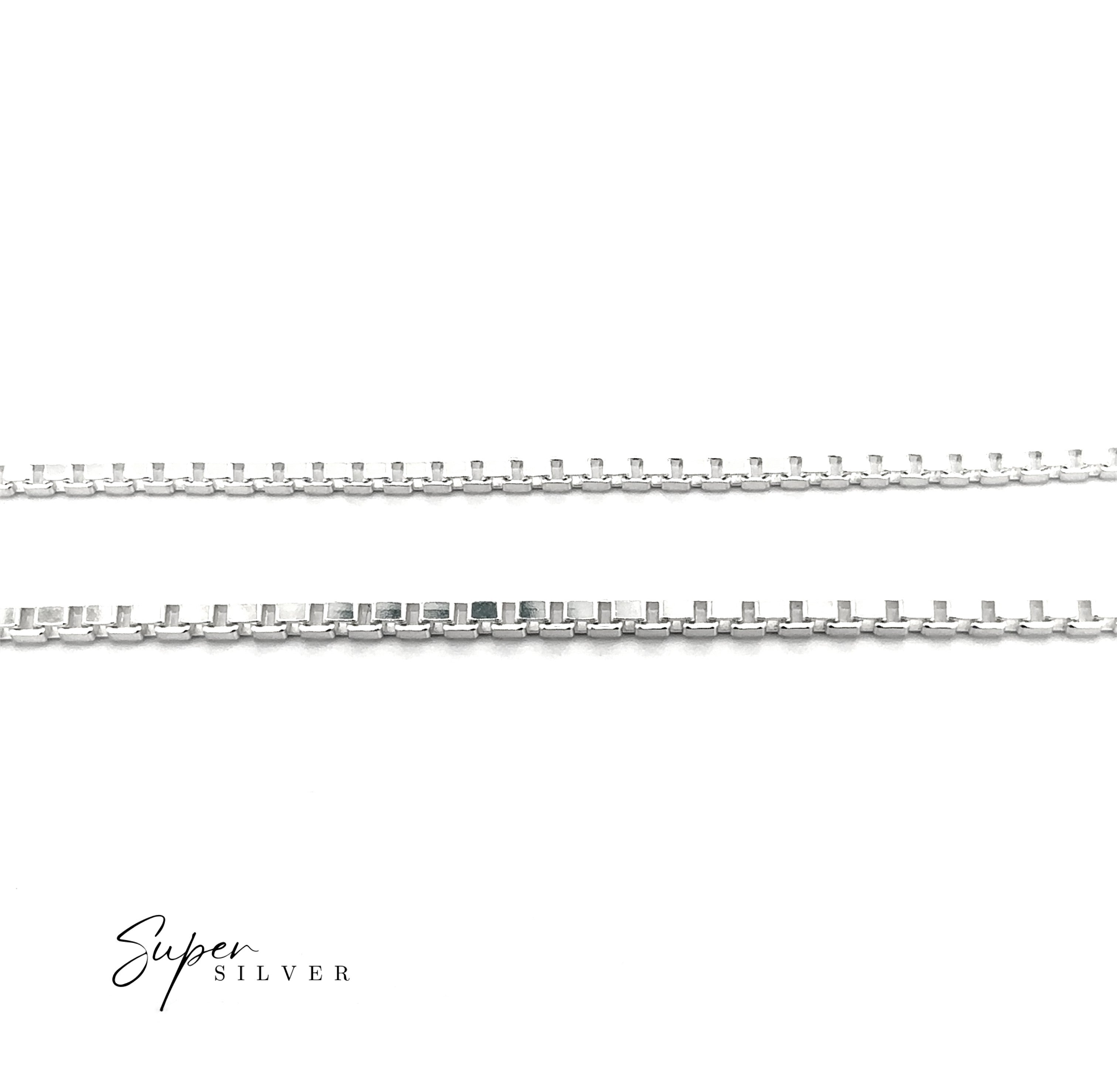 Two Bold Italian Box Chains are displayed parallel on a white background, showcasing minimalist elegance with the text "Super Silver" in the lower left corner.