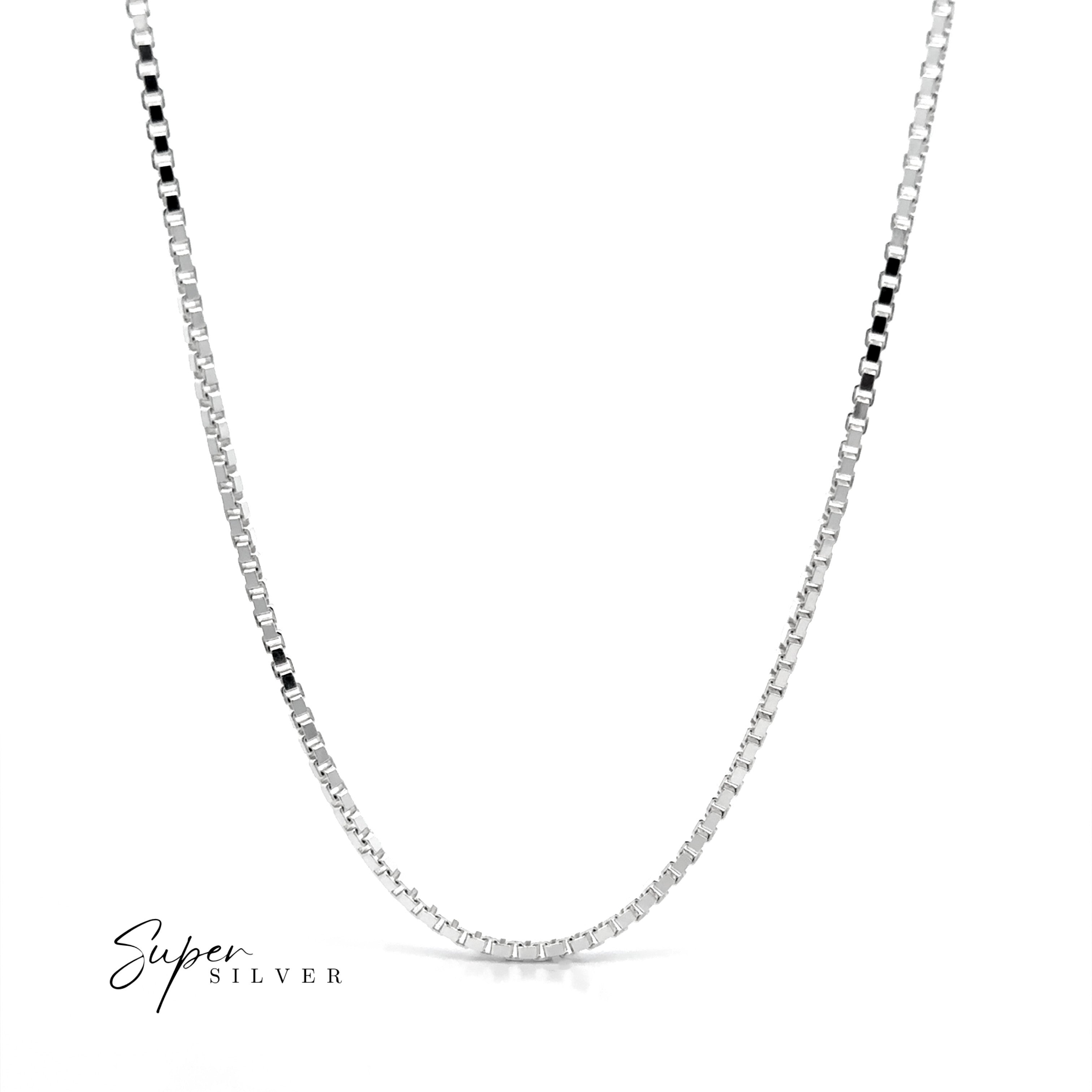The Bold Italian Box Chain necklace in sterling silver is displayed on a white background with the "Super Silver" logo in the bottom left corner—a modern, timeless piece of jewelry.