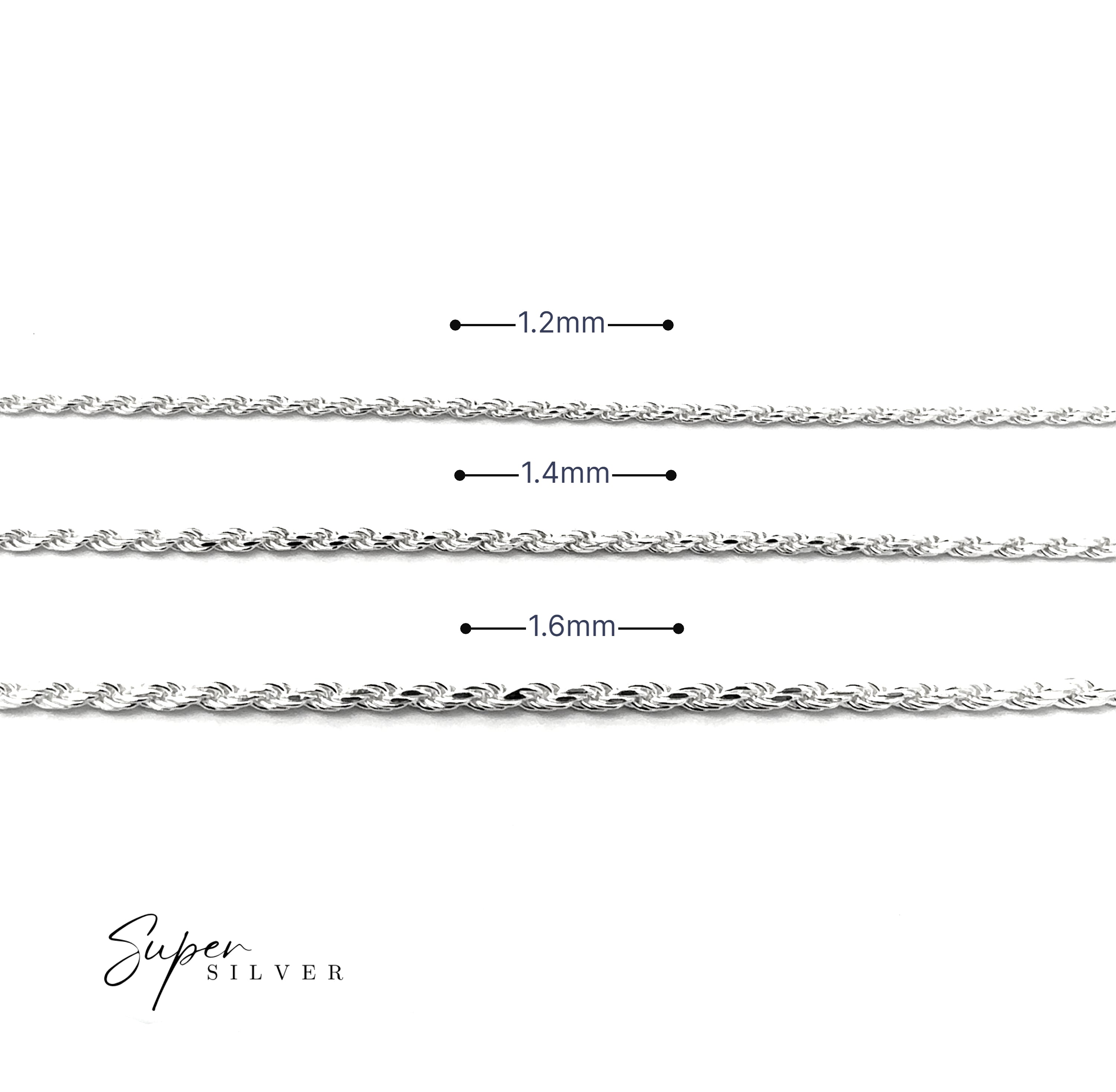 Three Delicate Italian D/C Rope Chains (1.2mm, 1.4mm, 1.6mm) shine on a white background, highlighting the brilliance of diamond-cut sterling silver with the "Super Silver" logo in the bottom left corner.