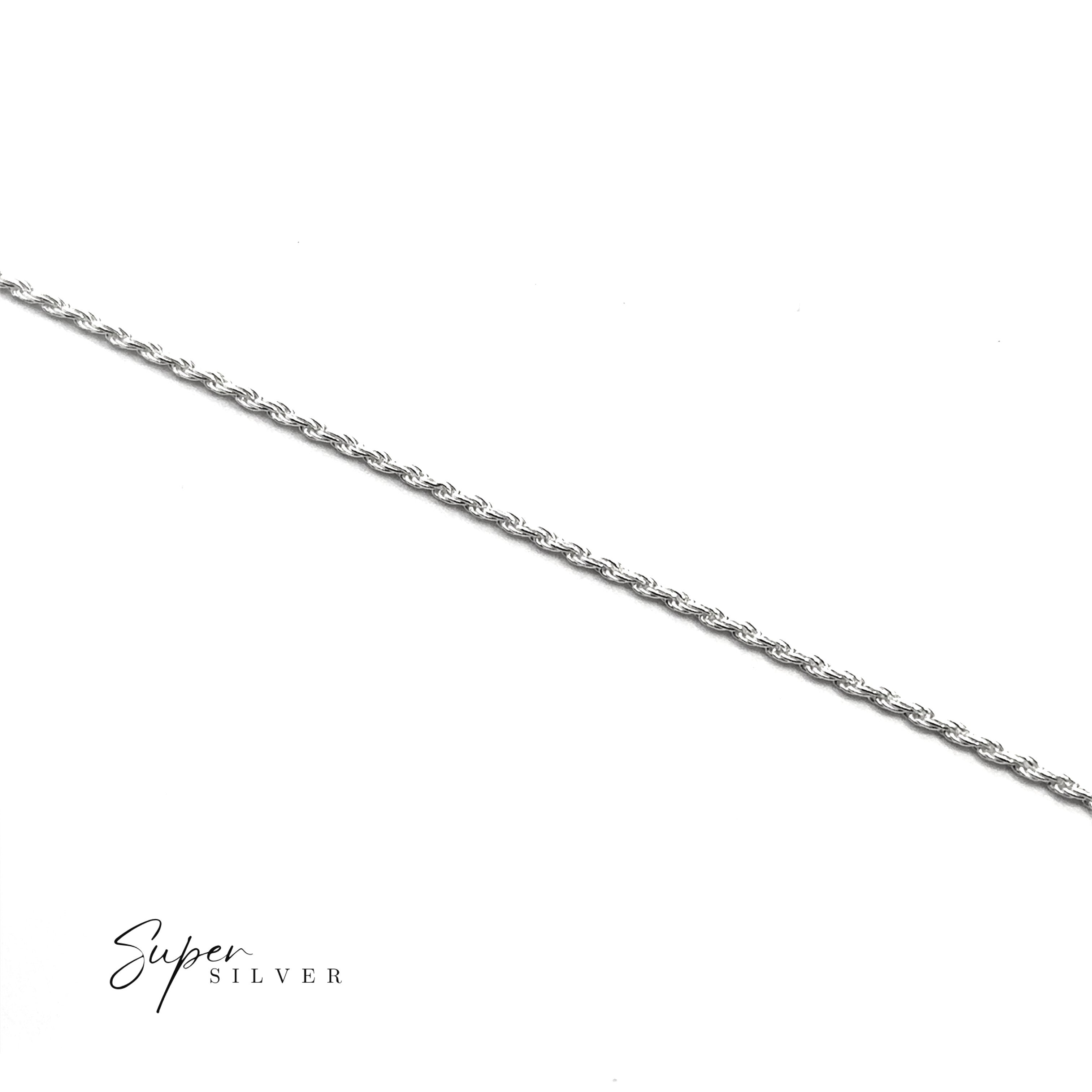 The Delicate Italian D/C Rope Chain, a thin twisted sterling silver piece, is displayed diagonally on a white background with "Super Silver" in the bottom left corner.