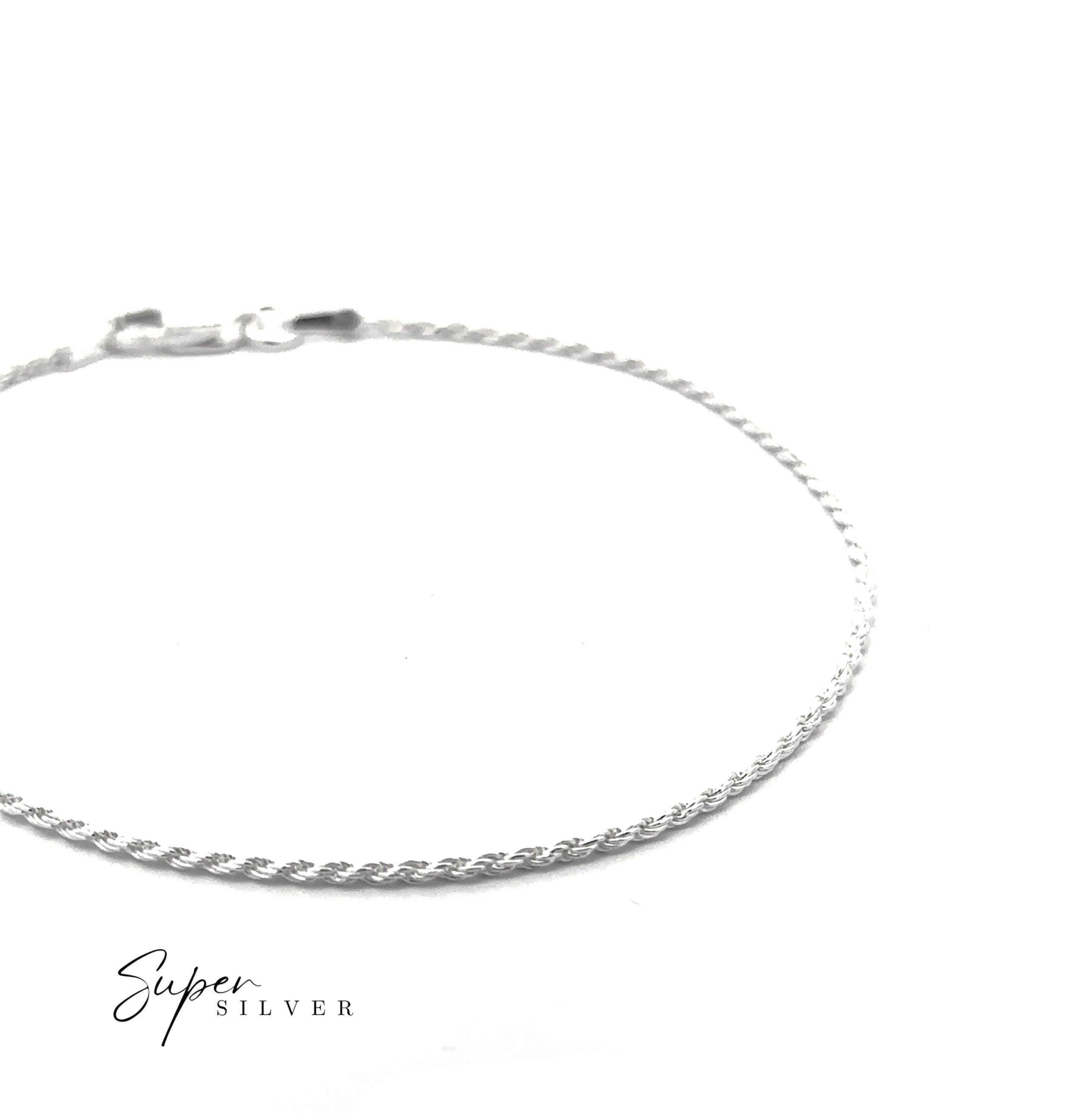 The Delicate Italian D/C Rope Chain bracelet, featuring a slim twisted faceted design and clasp, is shown on a plain white background with "Super Silver" in the lower left corner.