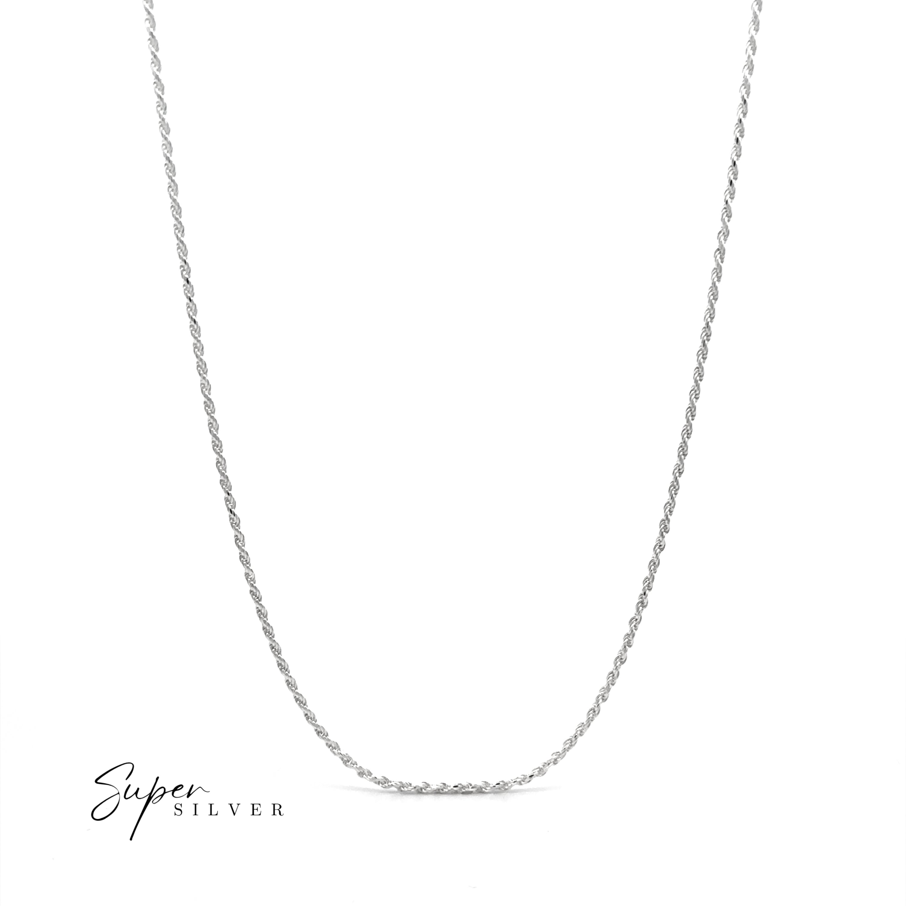 The Delicate Italian D/C Rope Chain, a thin, twisted diamond-cut sterling silver necklace, is displayed on a white background with the "Super Silver" logo in the bottom left corner.