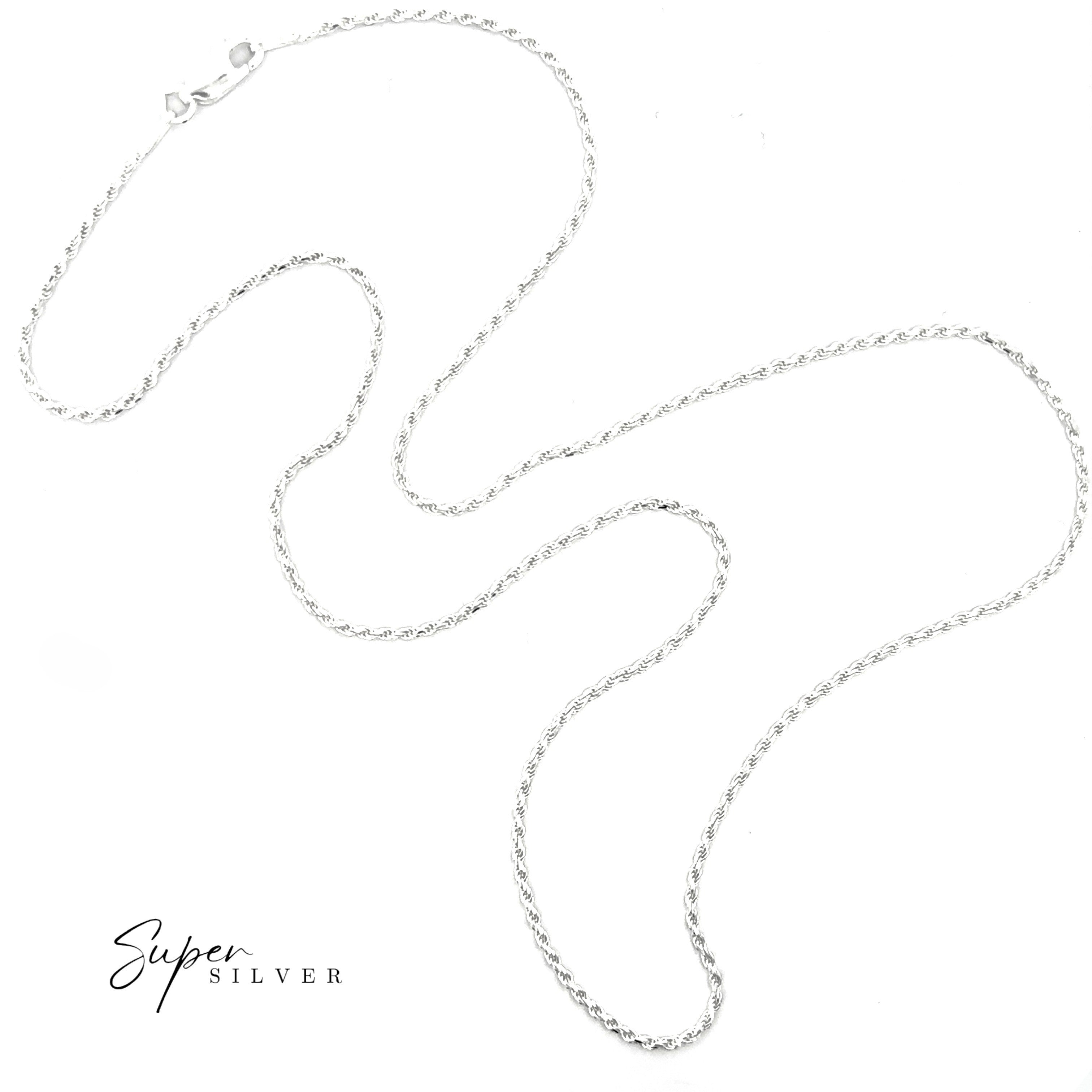 The Delicate Italian D/C Rope Chain is a shimmering silver faceted rope necklace with a lobster clasp, shown on a white background. "Super Silver" appears in the lower left corner.
