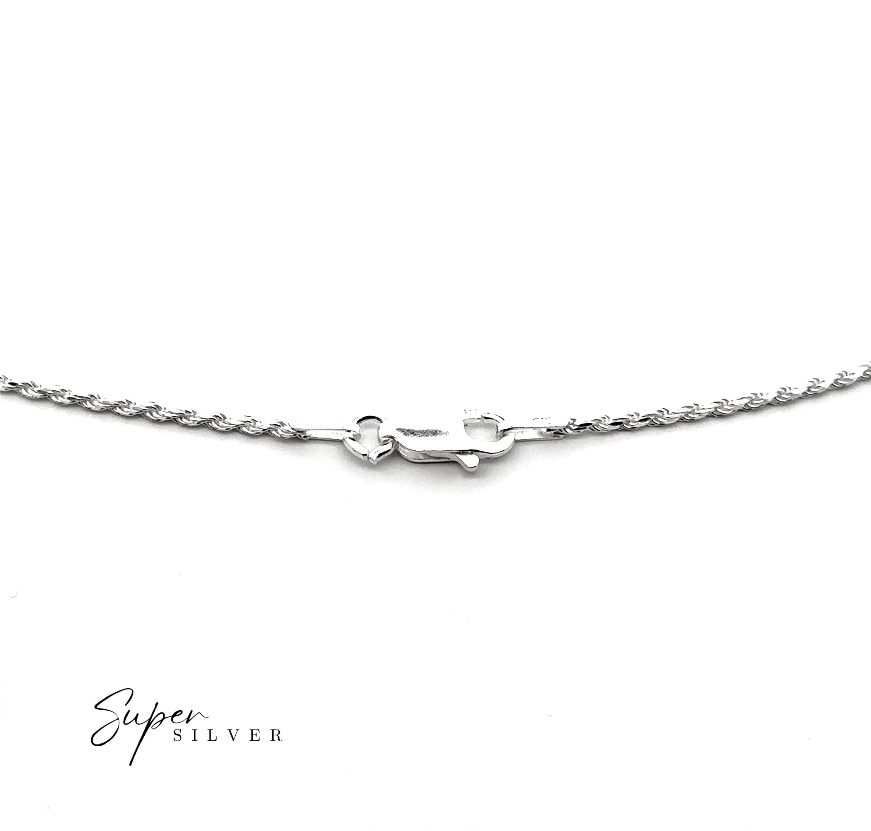Close-up of the Delicate Italian D/C Rope Chain in diamond-cut sterling silver with a lobster clasp, shown on a white background. "Super Silver" logo appears in the bottom left corner.