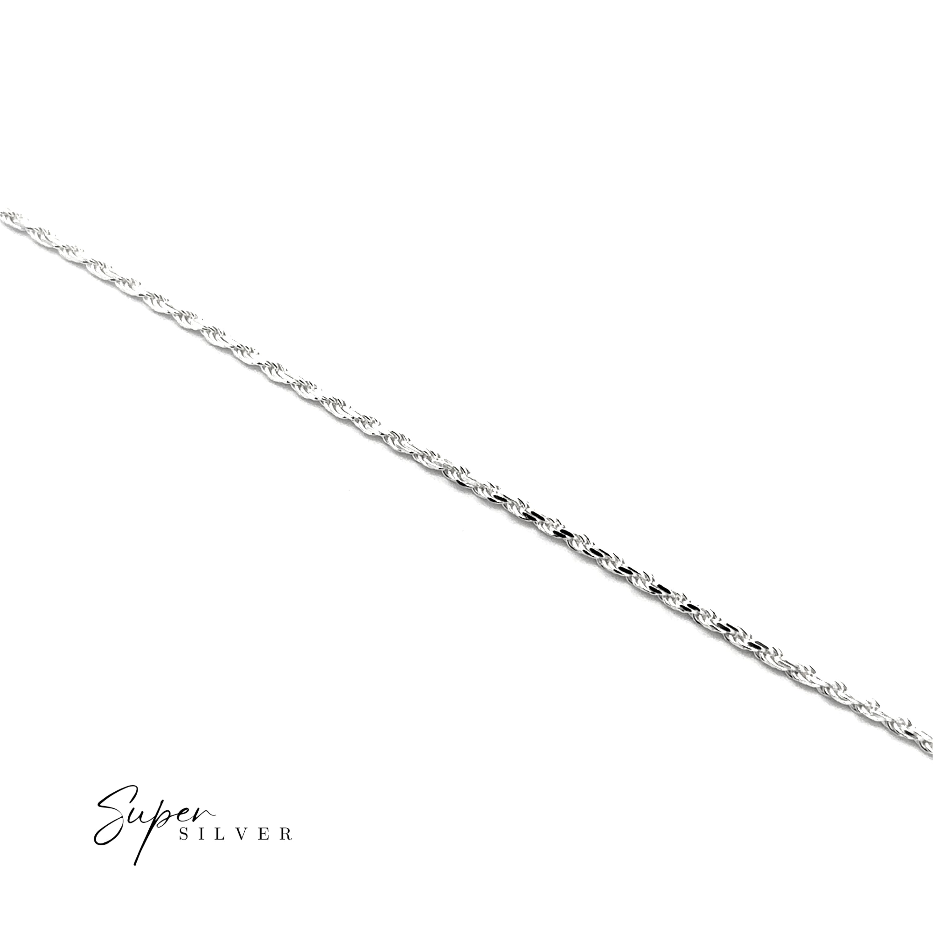 The Delicate Italian D/C Rope Chain is displayed diagonally on a white background, with "Super Silver" text in the bottom left corner.