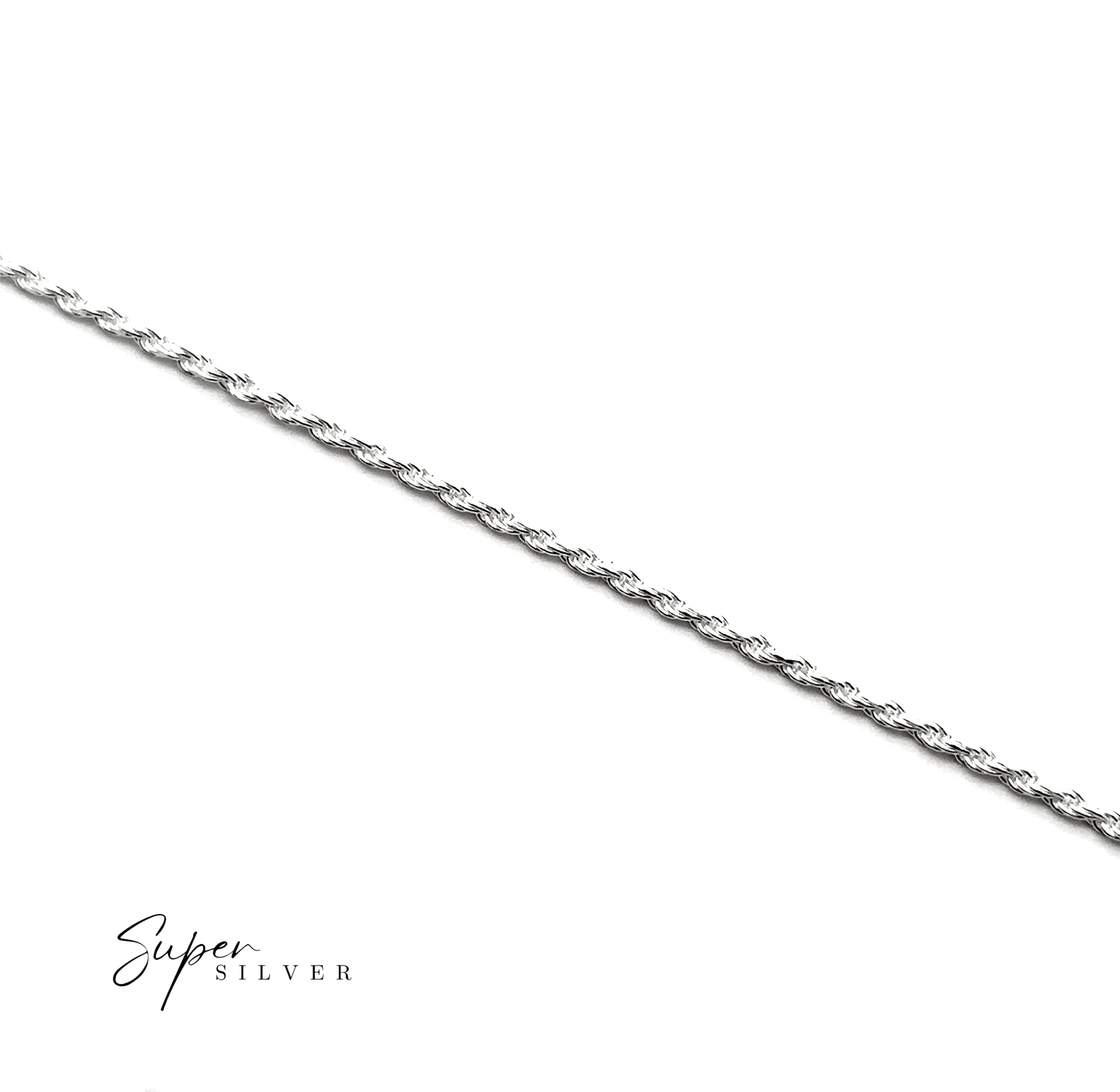 The Delicate Italian D/C Rope Chain in diamond-cut sterling silver is shown diagonally on a white background with "Super Silver" in the lower left corner.