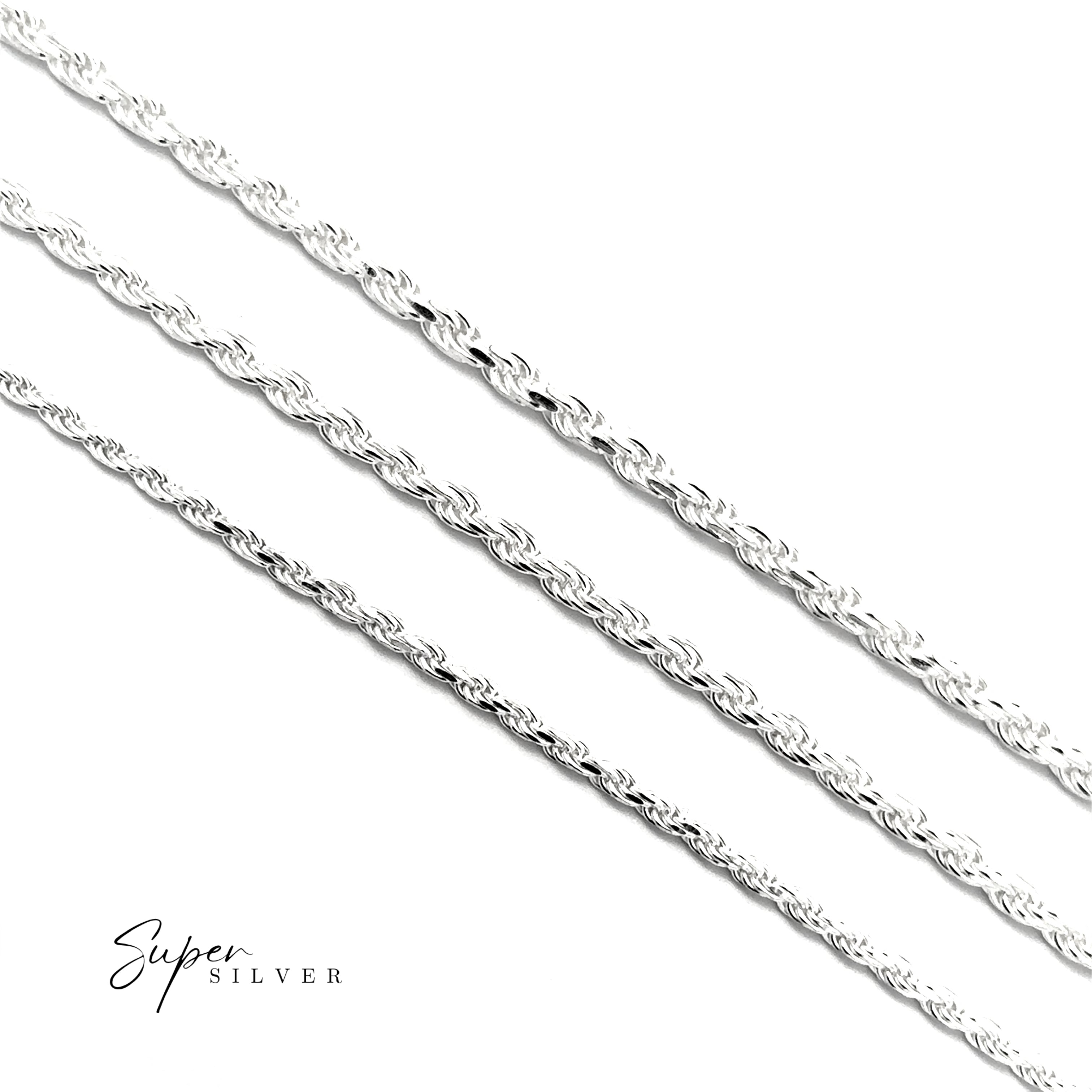 Three Italian D/C Rope Chains are arranged diagonally on a white background, showcasing their faceted chain details, with the "Super Silver" logo in the bottom left corner.