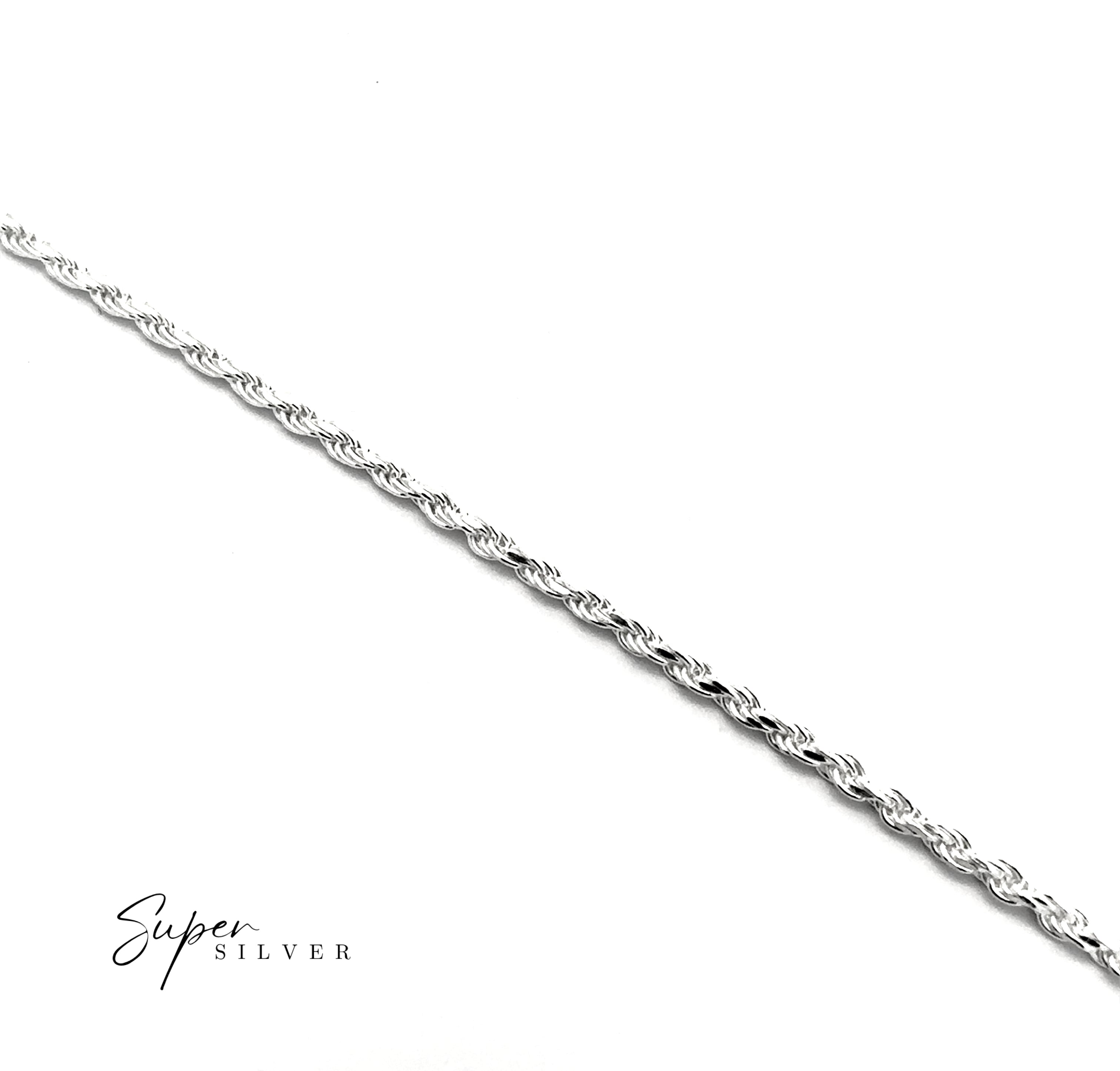 An Italian D/C Rope Chain necklace in sterling silver is shown diagonally on a white background, with "Super Silver" displayed in the lower left corner.