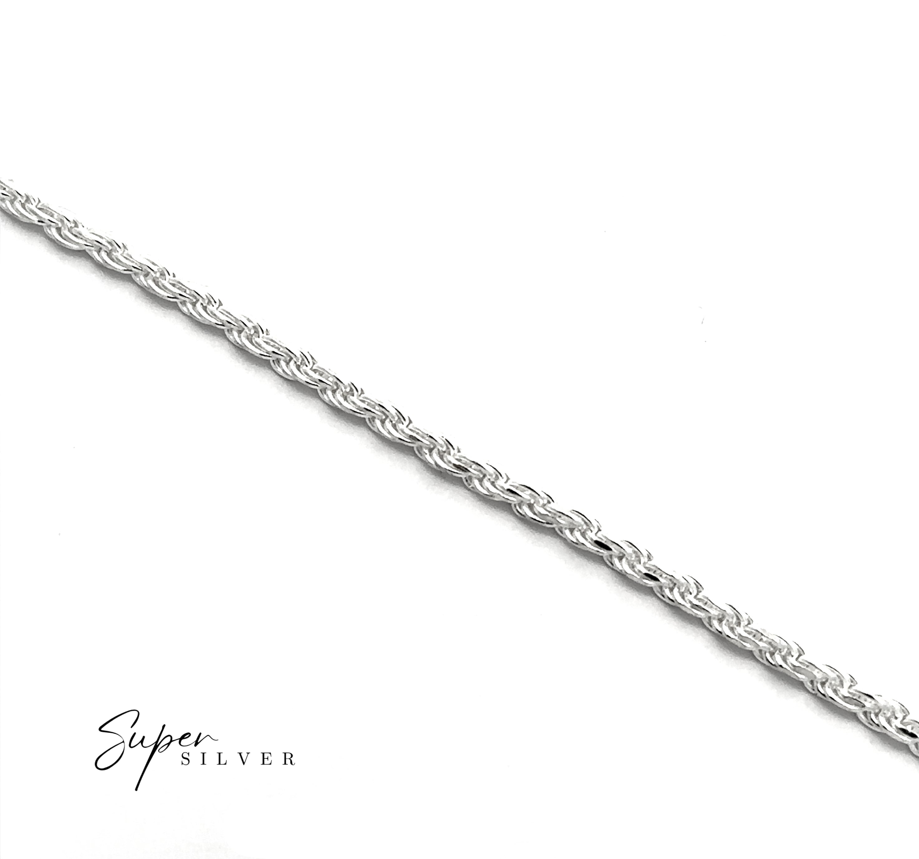 An Italian D/C Rope Chain bracelet is displayed diagonally on a white background, with "Super Silver" in the bottom left corner.