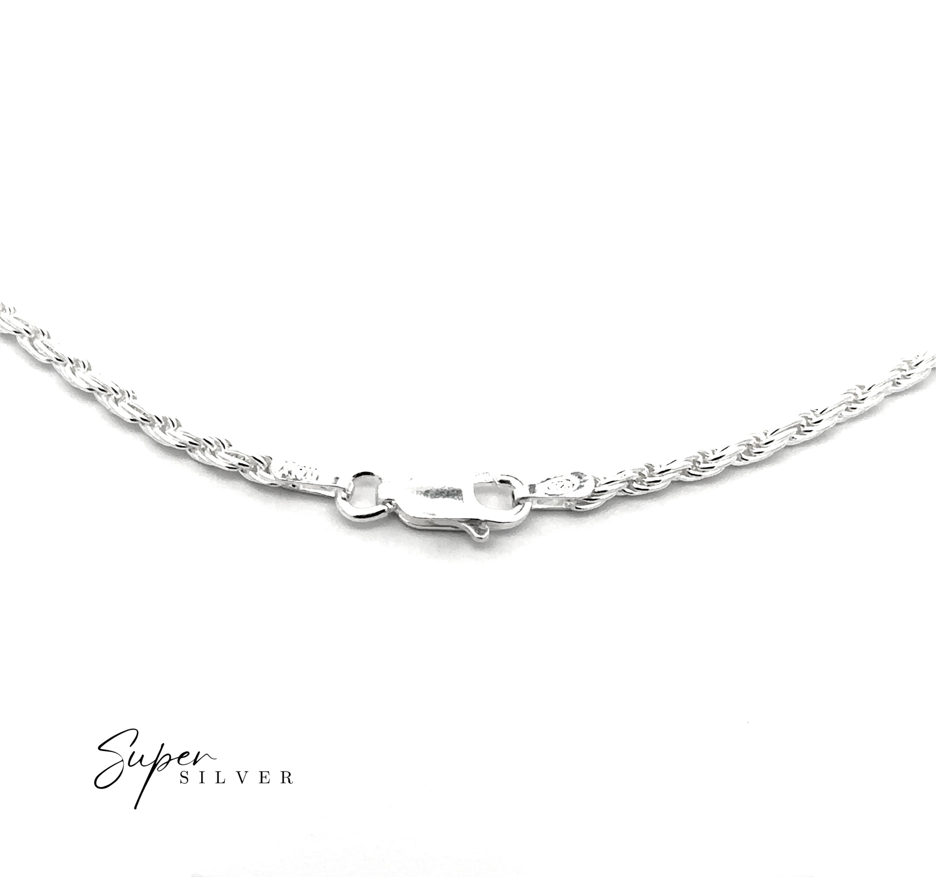 Close-up of the Italian D/C Rope Chain sterling silver necklace with a lobster clasp, displayed on a white background. The "Super Silver" logo is visible in the bottom left corner.