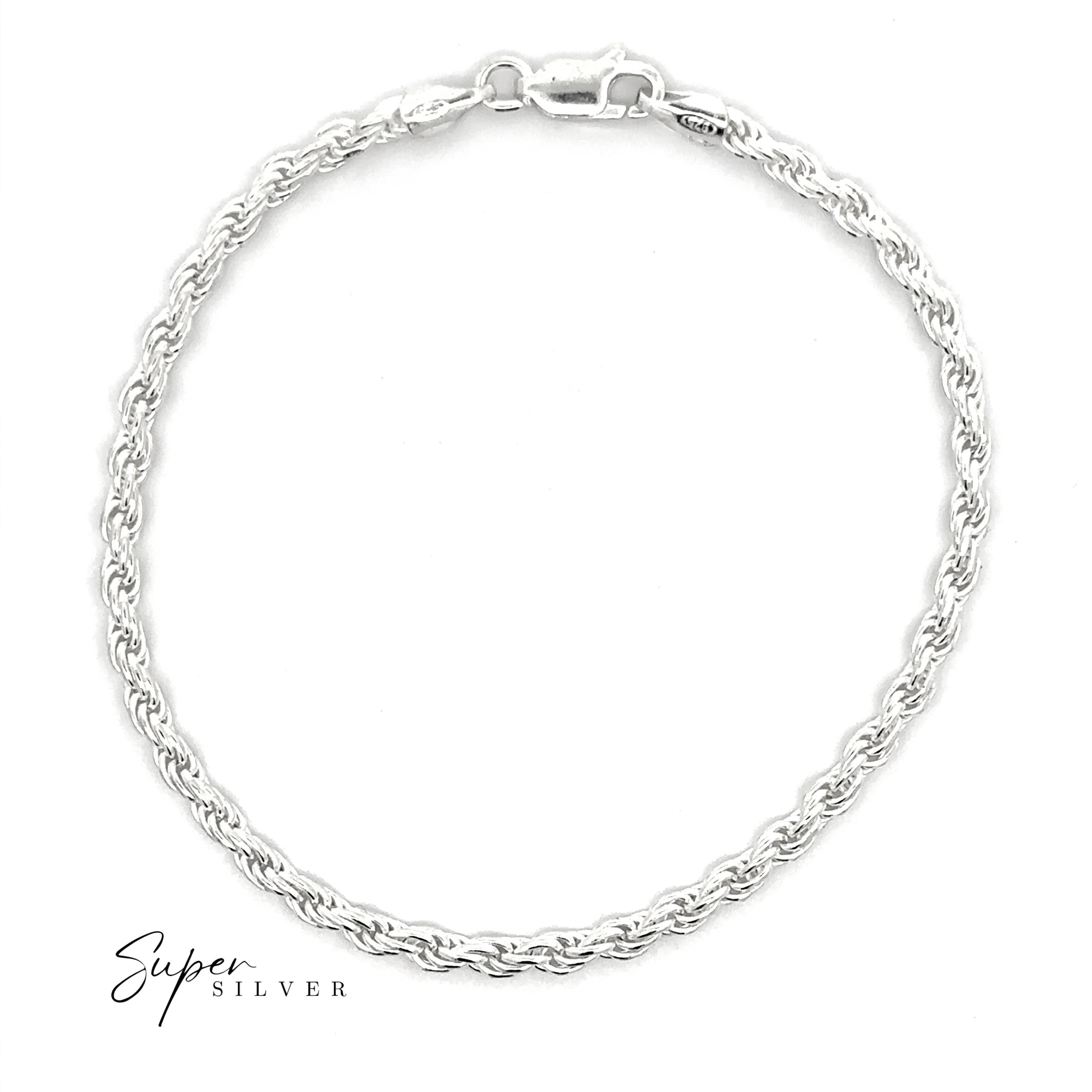 An Italian D/C Rope Chain silver bracelet with a lobster clasp is shown on a white background. "Super Silver" appears in the lower left corner.