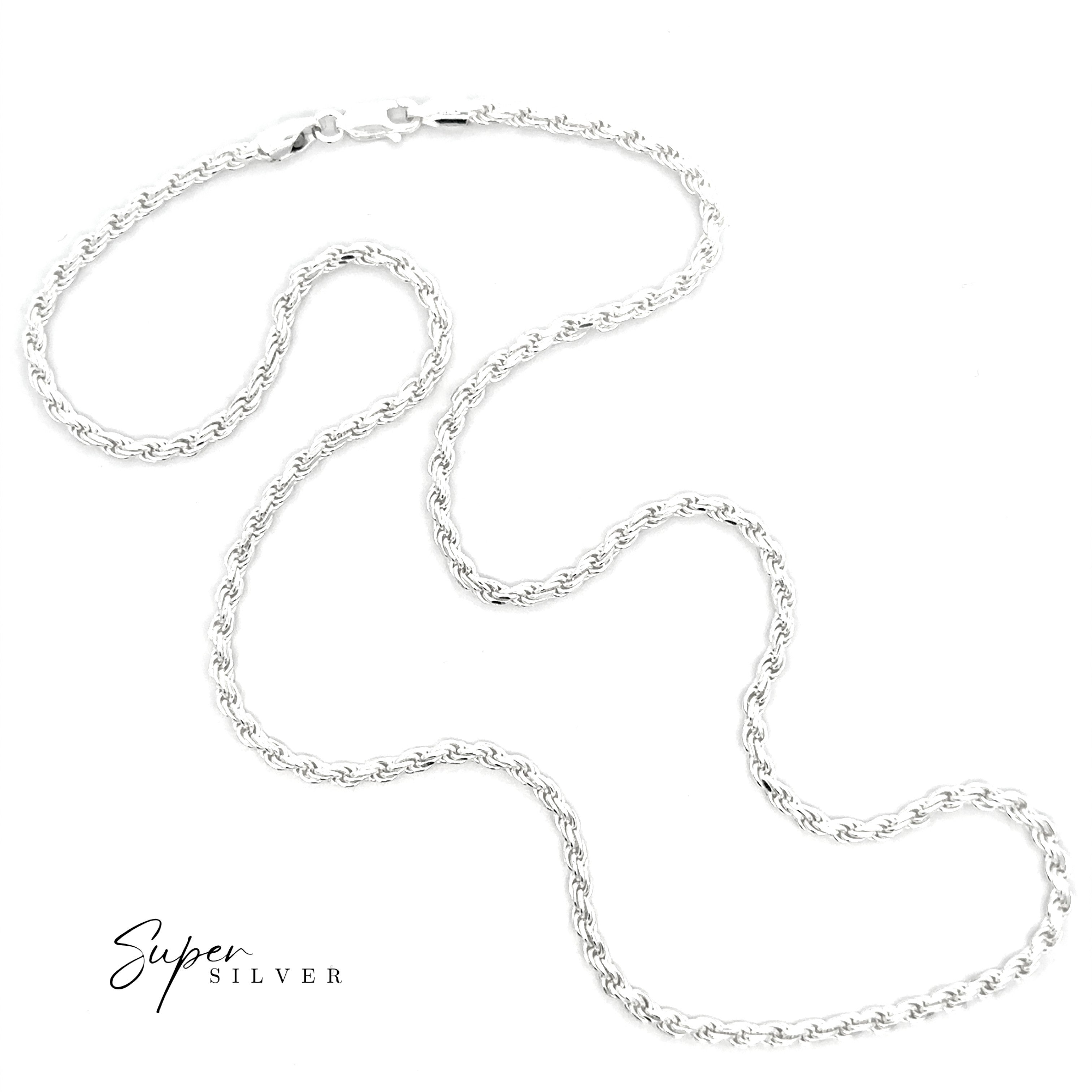 The Italian D/C Rope Chain, a sterling silver necklace with a lobster clasp, is displayed on a white background. "Super Silver" appears in the bottom left corner.