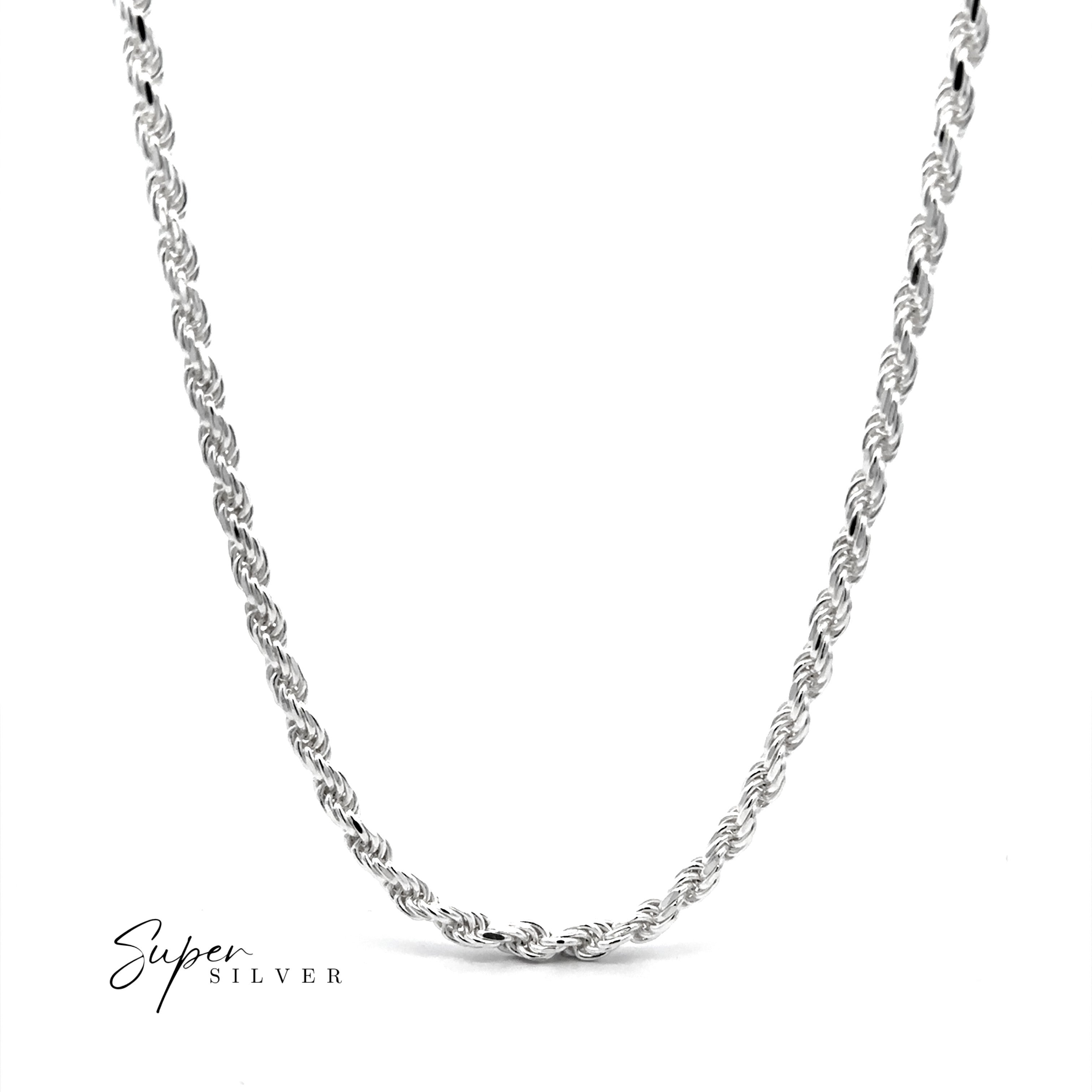 The Thick Italian D/C Rope Chain is a sterling silver necklace, shown on a white background with "Super Silver" in the lower left. Its diamond-cut design offers timeless elegance and style.