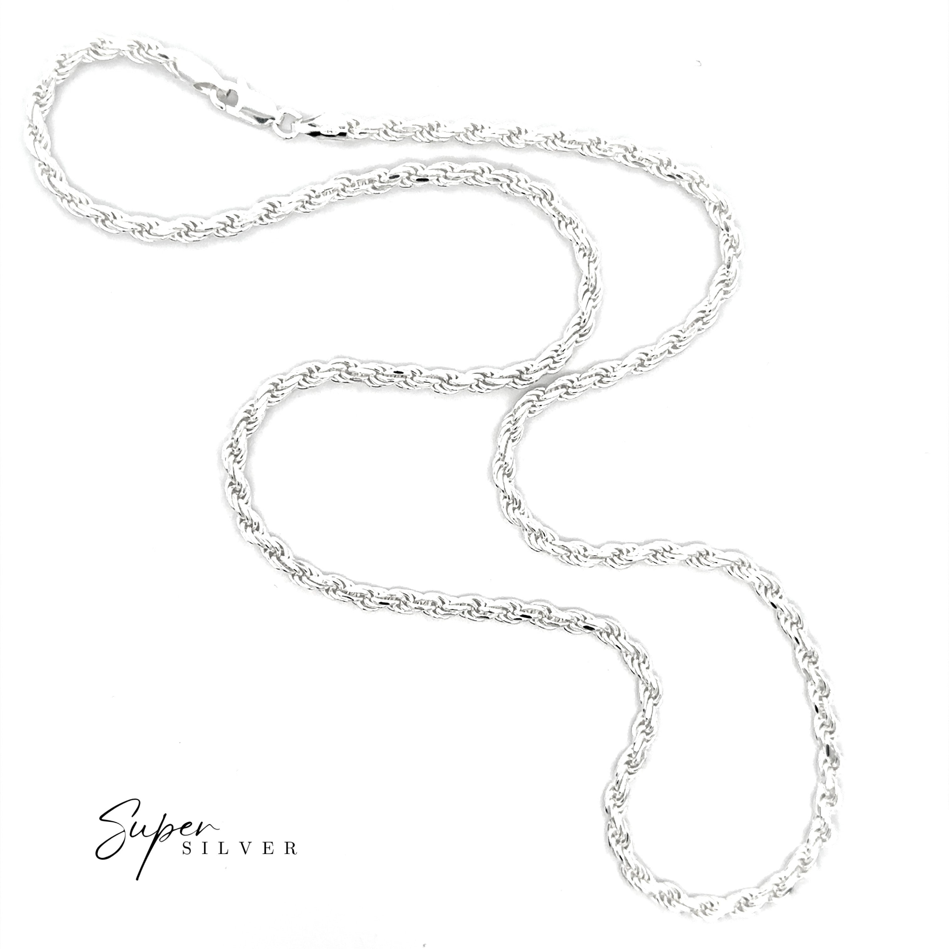 The Thick Italian D/C Rope Chain, a men's silver necklace with a diamond-cut rope design, is shown on a white background featuring the "Super Silver" logo in the lower left corner.