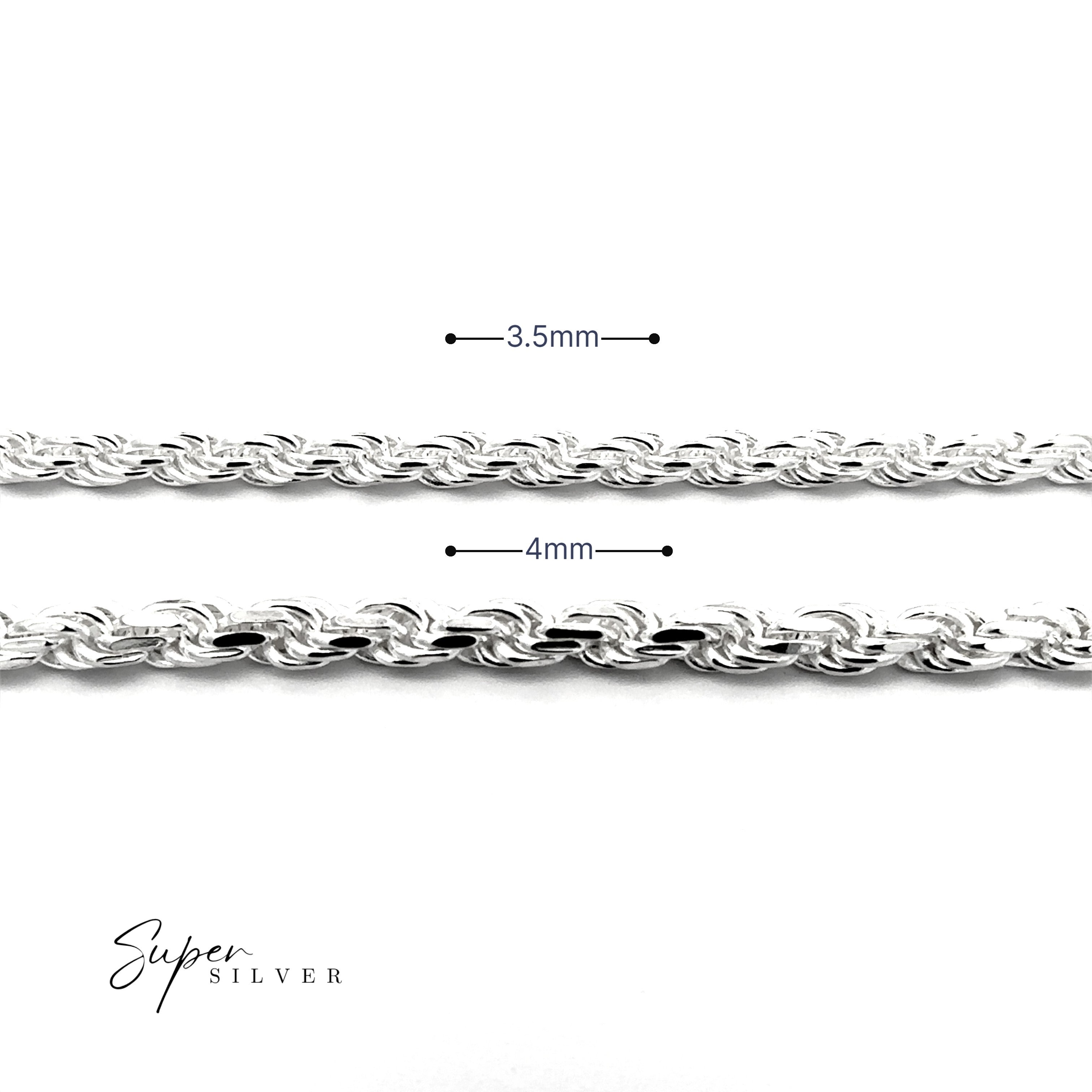 A 3.5mm men's silver necklace and a 4mm Thick Italian D/C Rope Chain are displayed side by side on a white background, with "Super Silver" branding in the lower left corner.