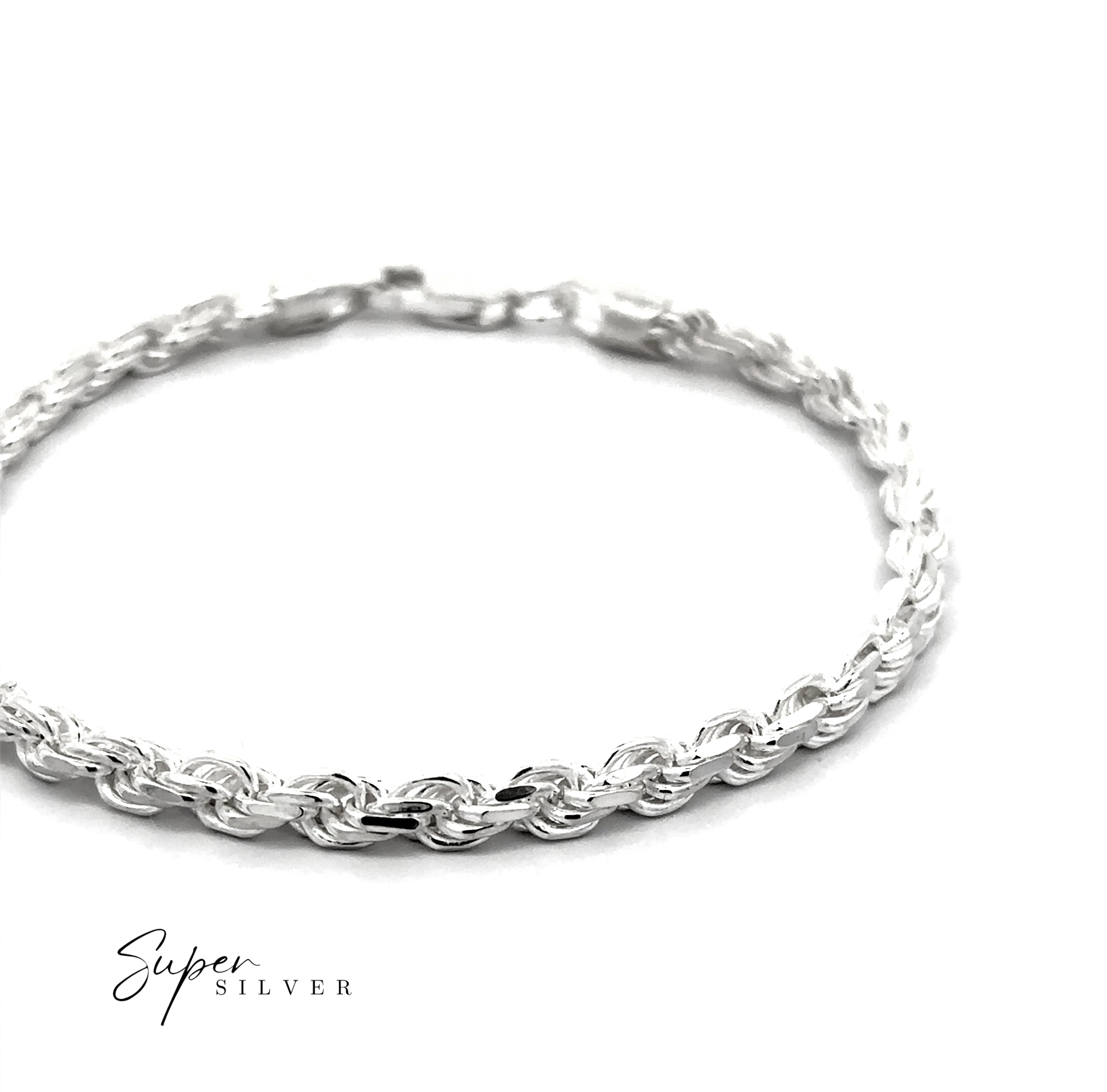 A Thick Italian D/C Rope Chain bracelet with a lobster clasp is displayed on a white background. Crafted in the Italian diamond-cut rope style, "Super Silver" appears in the bottom left corner.