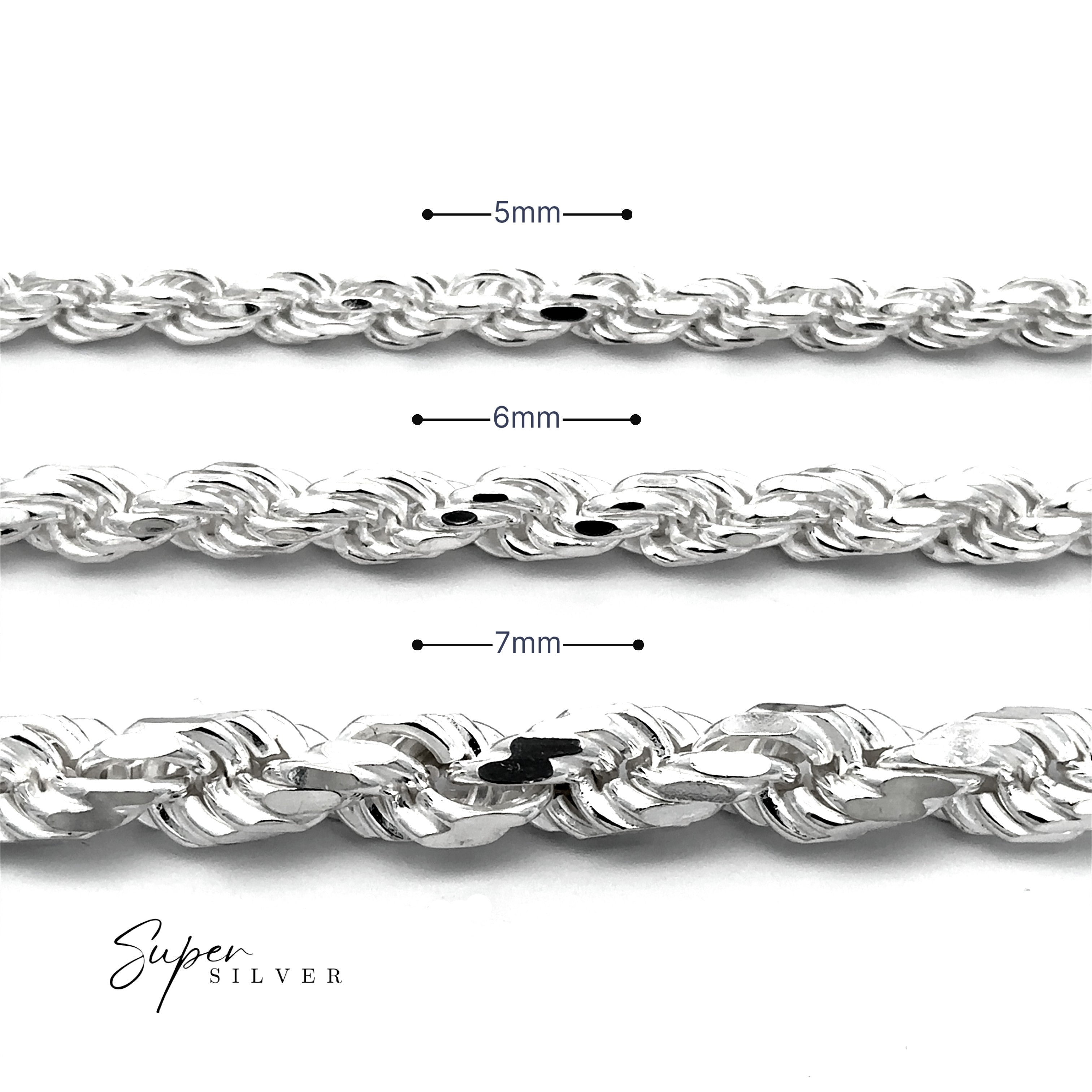 Three Heavy Duty Italian D/C Rope Chains in 5mm, 6mm, and 7mm thicknesses are displayed side by side on a white background, each with its measurement labeled.