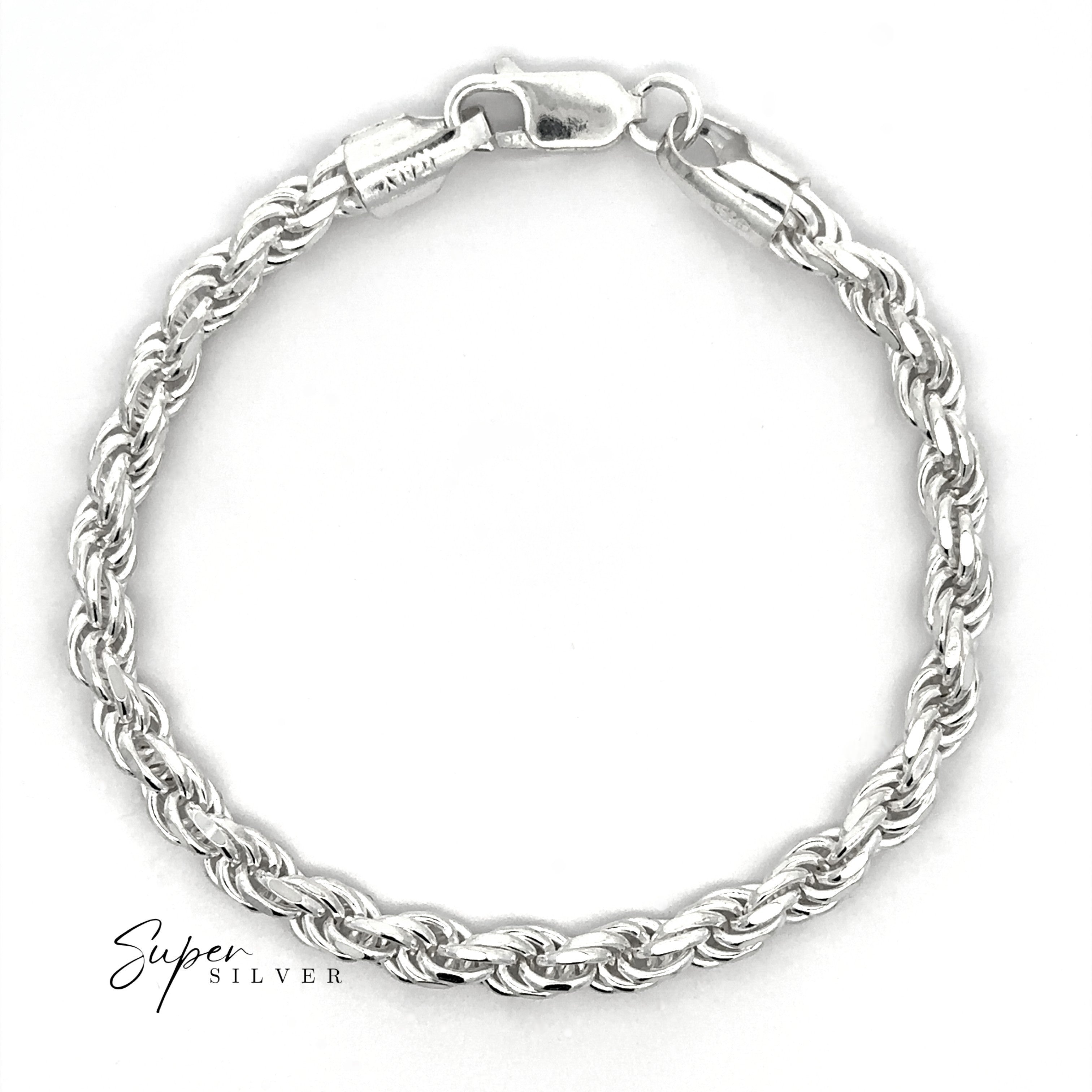 Heavy Duty Italian D/C Rope Chain bracelet with a lobster clasp, arranged in a circle on a white background. The "Super Silver" logo appears at the bottom left corner.