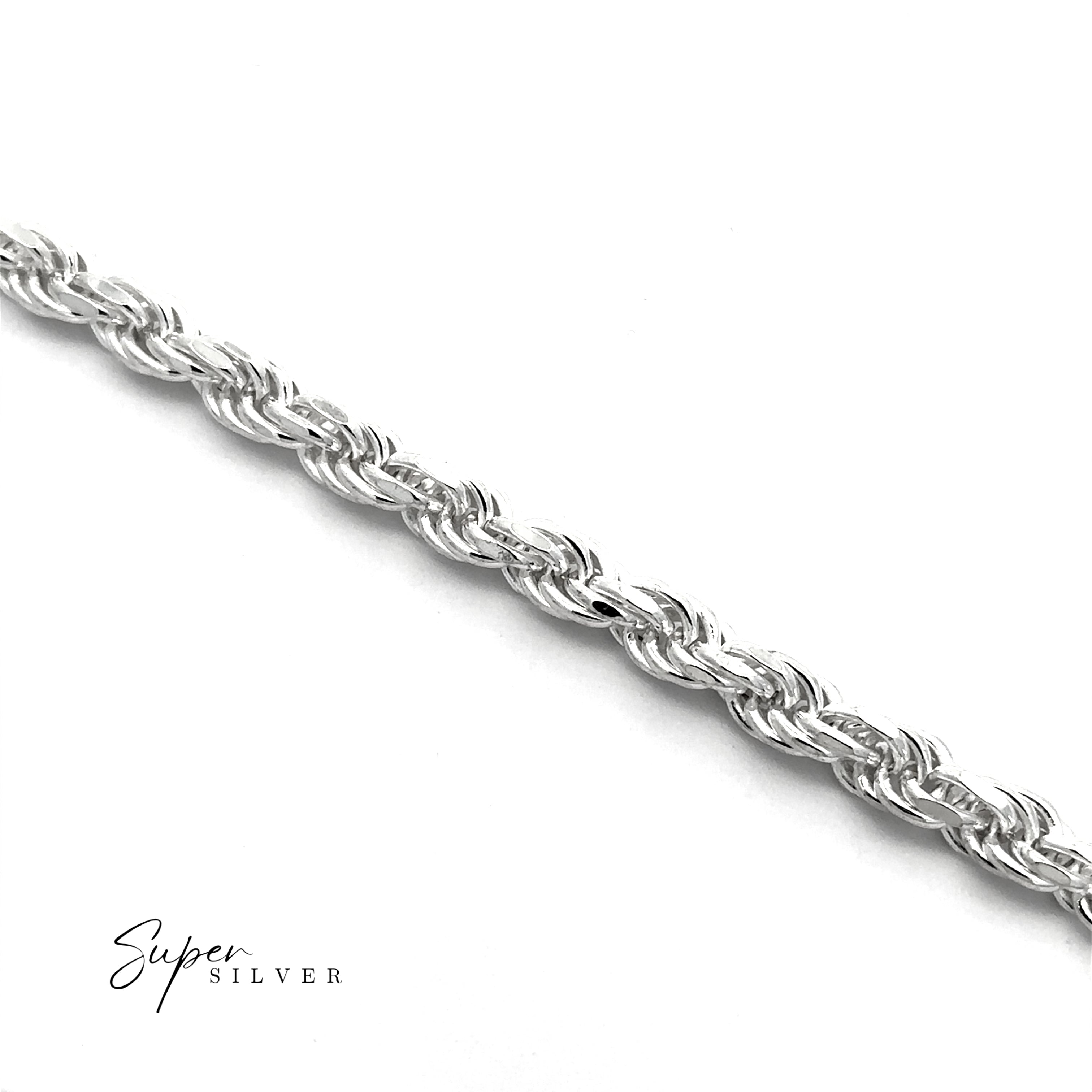 Close-up of a Heavy Duty Italian D/C Rope Chain bracelet on a white background, with the text "Super Silver" in the bottom left corner.