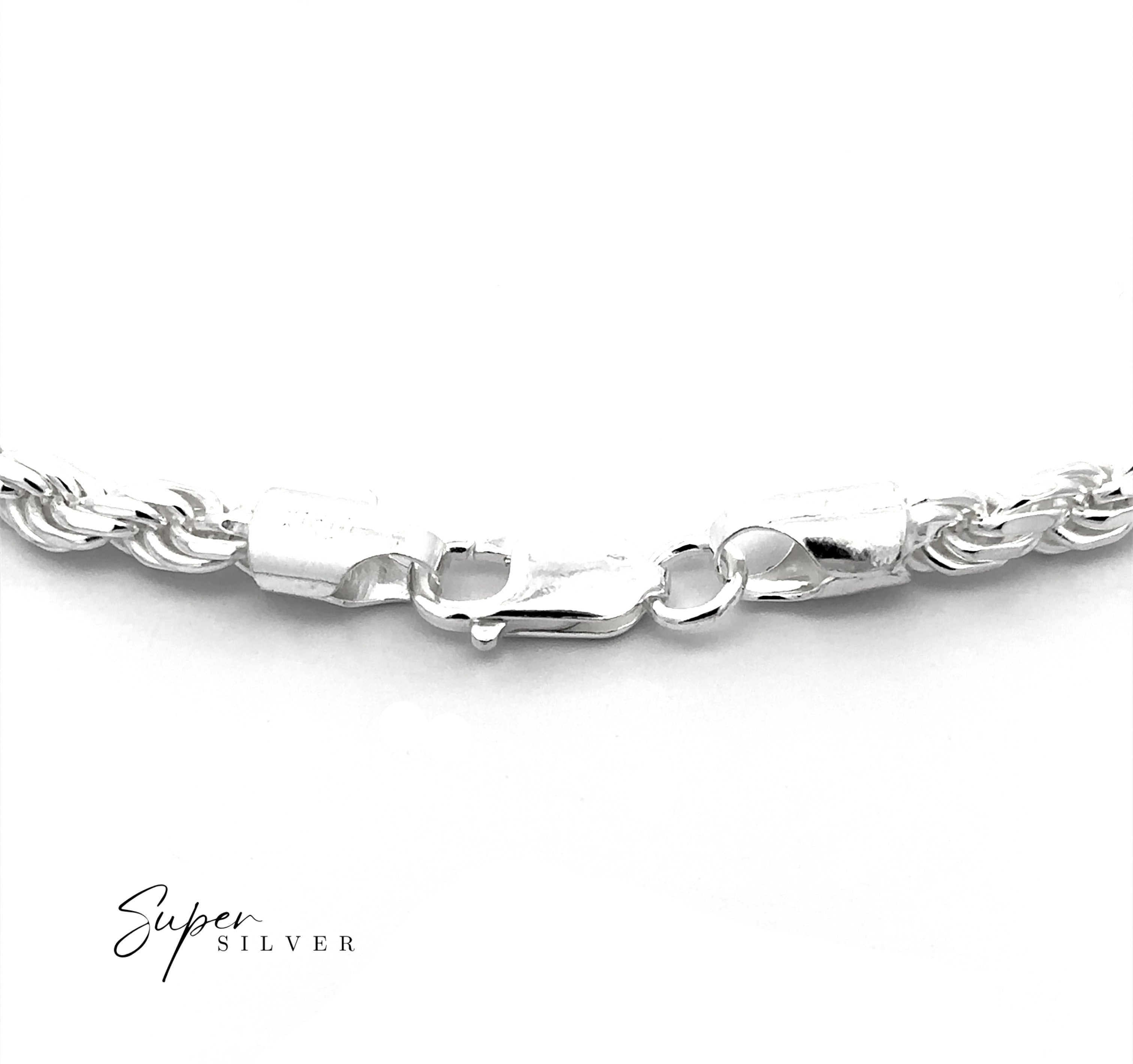 Close-up of a Heavy Duty Italian D/C Rope Chain necklace with a lobster clasp, displayed against a white background. "Super Silver" appears in the bottom left corner.