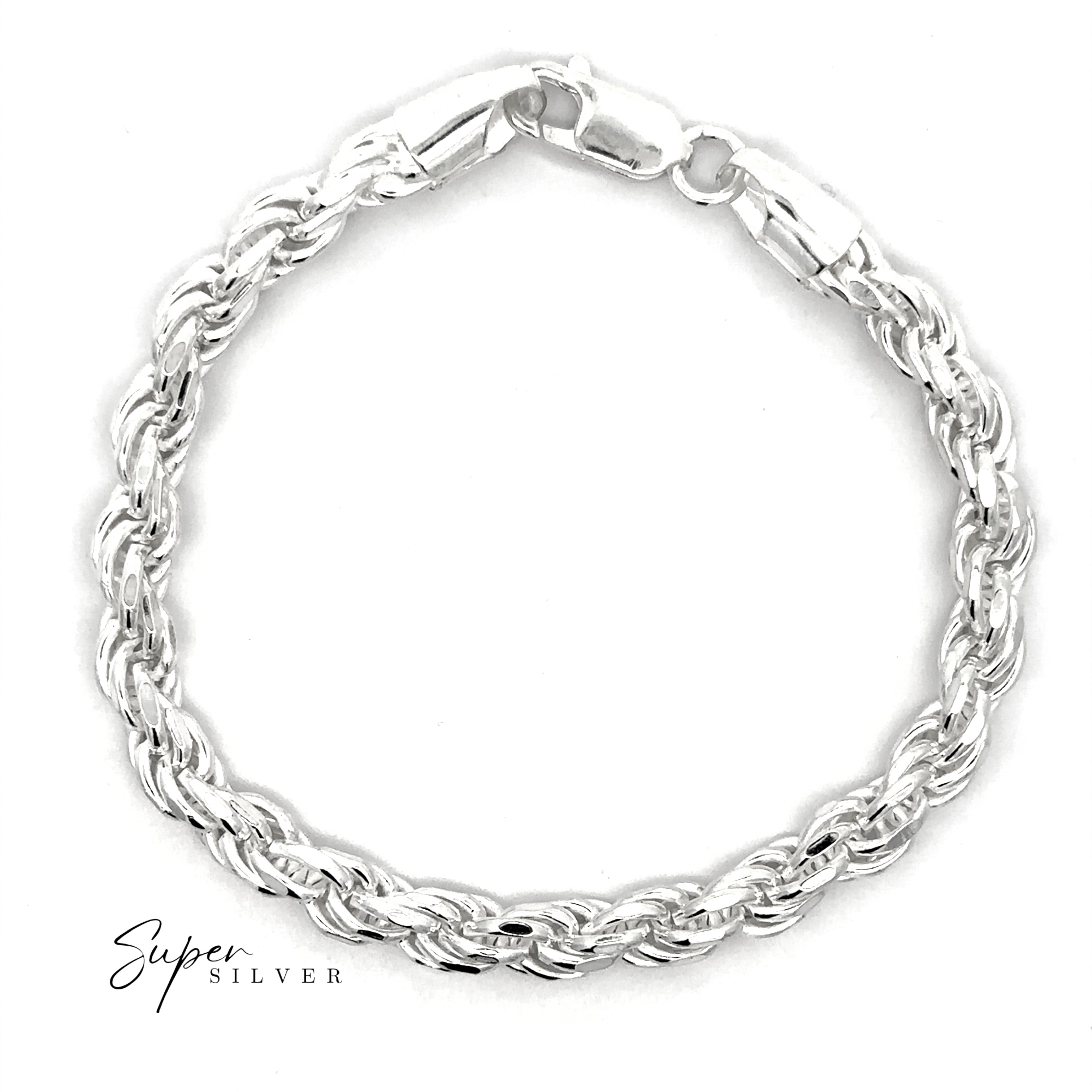 Heavy Duty Italian D/C Rope Chain bracelet with a lobster clasp, shown on a white background with the "Super Silver" logo. This classic sterling silver chain features an elegant diamond-cut finish for extra shine.