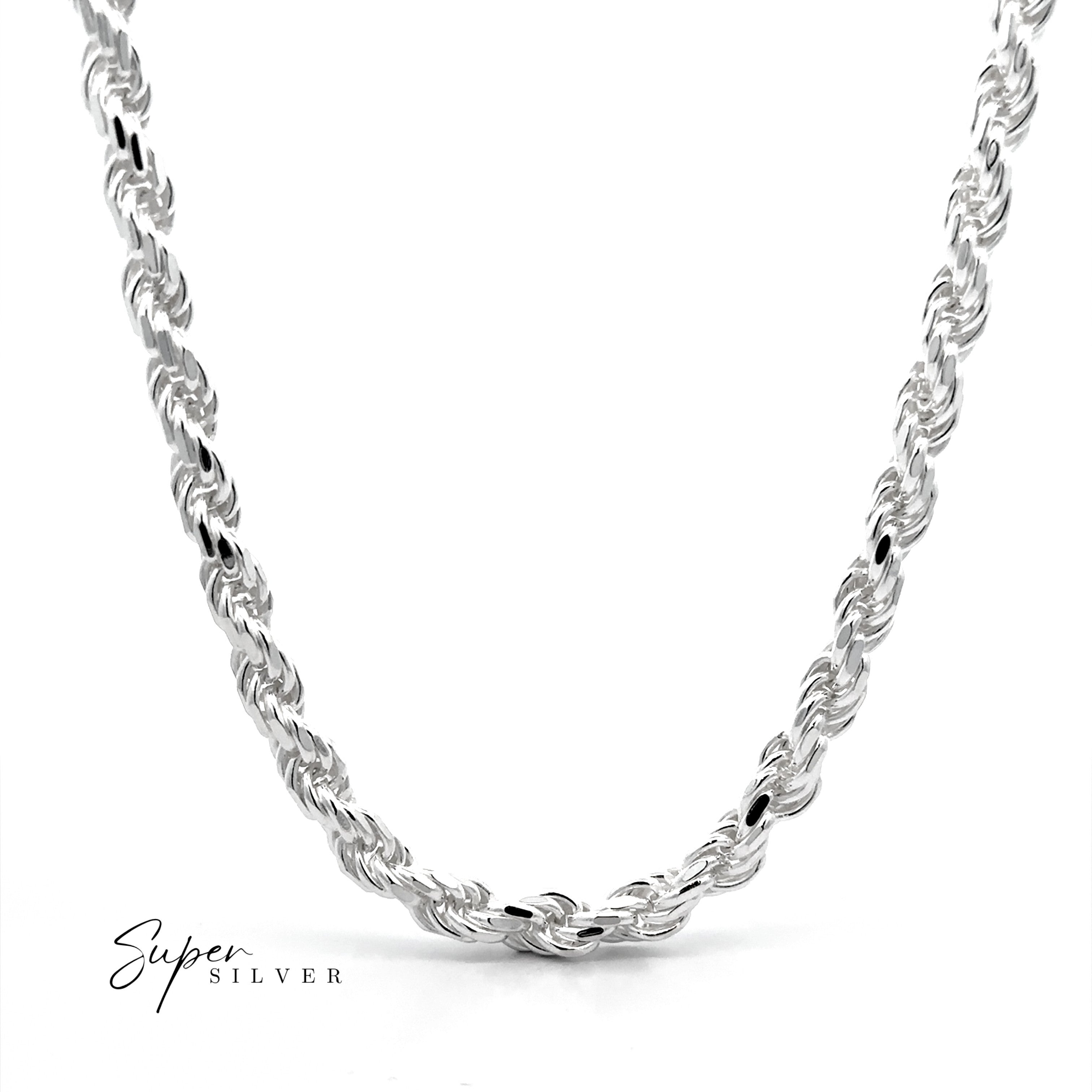 Close-up of the Heavy Duty Italian D/C Rope Chain in sterling silver on a white background, featuring the "Super Silver" logo in the corner.