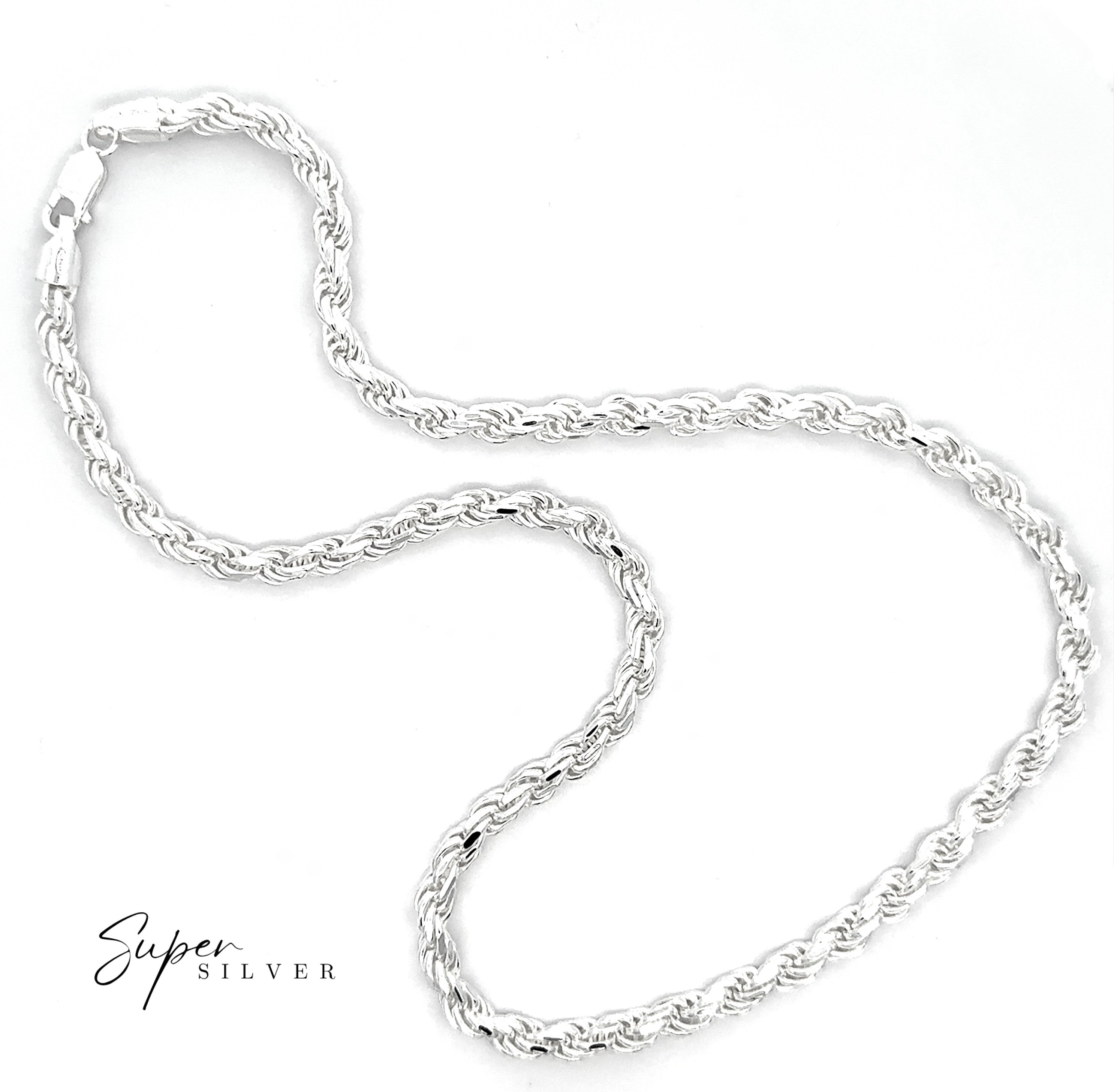 The Heavy Duty Italian D/C Rope Chain, crafted in sterling silver with a lobster clasp, is shown on a white background with the "Super Silver" logo in the lower left corner.