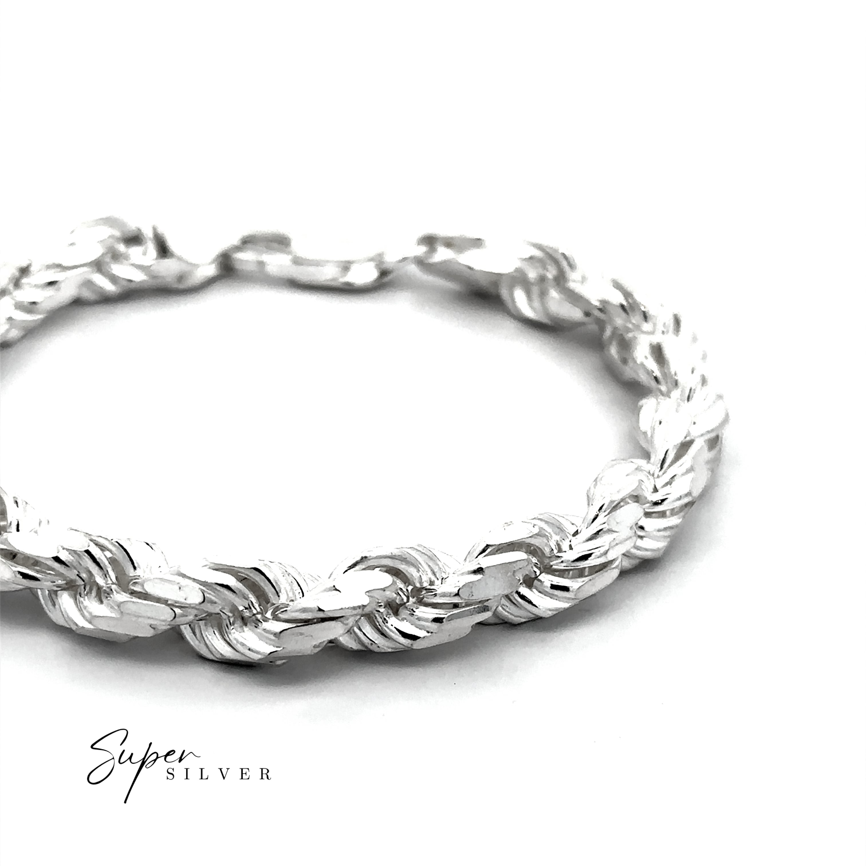 A Heavy Duty Italian D/C Rope Chain bracelet with a textured, interwoven design is displayed on a white background. "Super Silver" appears in the lower left corner.