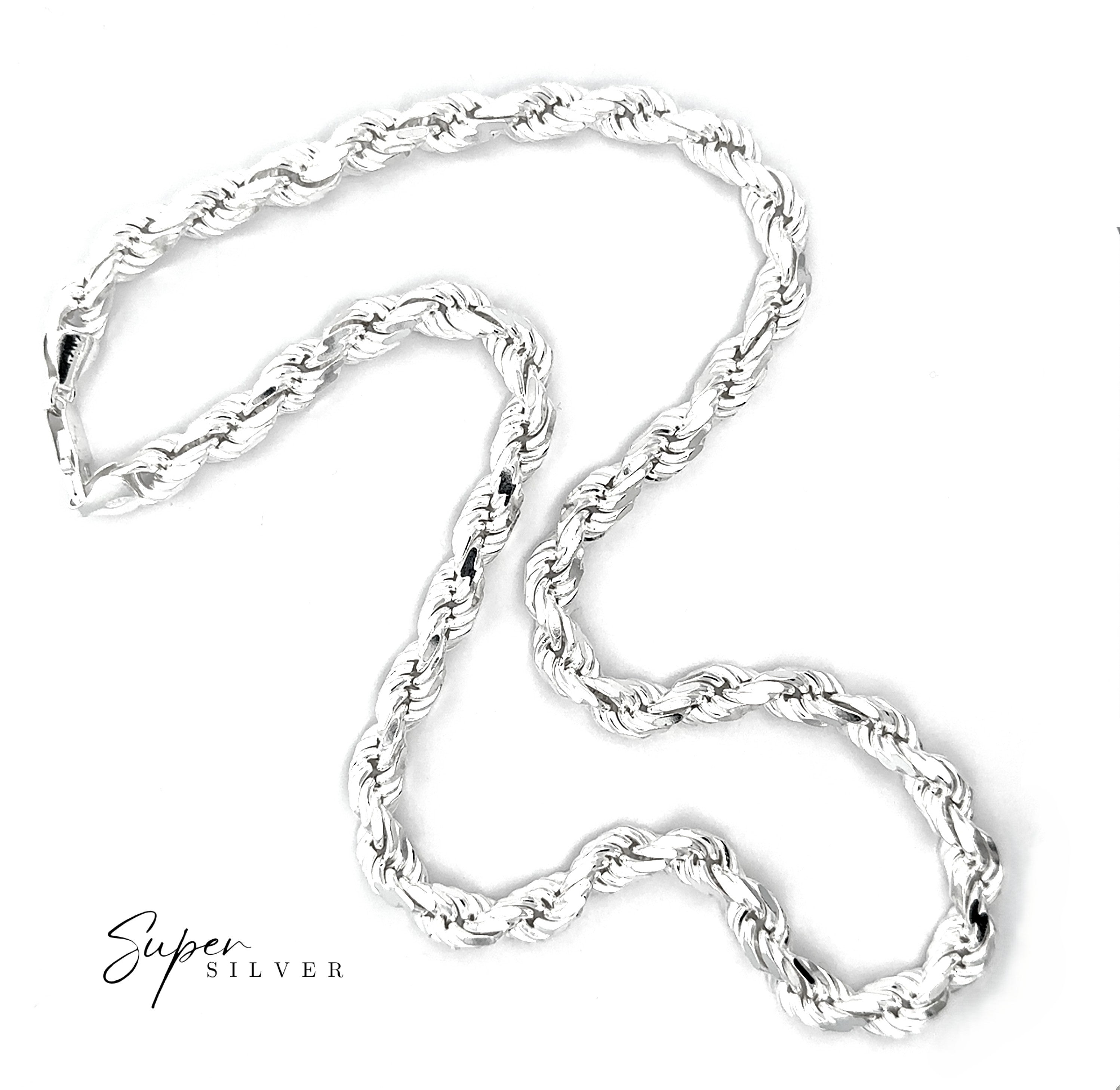 A Heavy Duty Italian D/C Rope Chain is displayed on a white background with "Super Silver" text in the lower left corner.