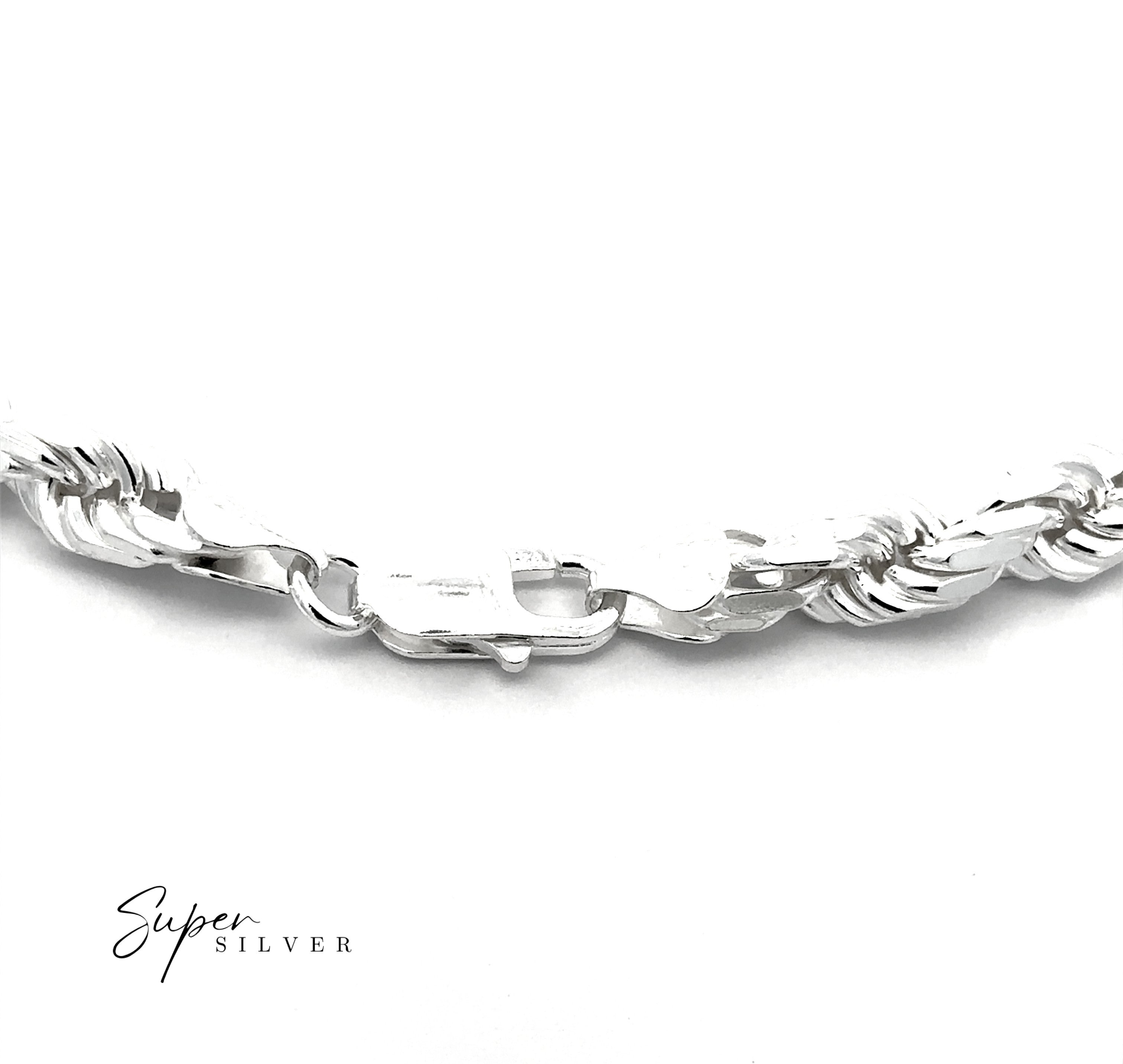 Close-up of the Heavy Duty Italian D/C Rope Chain, a sterling silver necklace with a lobster clasp, displayed on a white background. "Super Silver" appears in the bottom left corner.