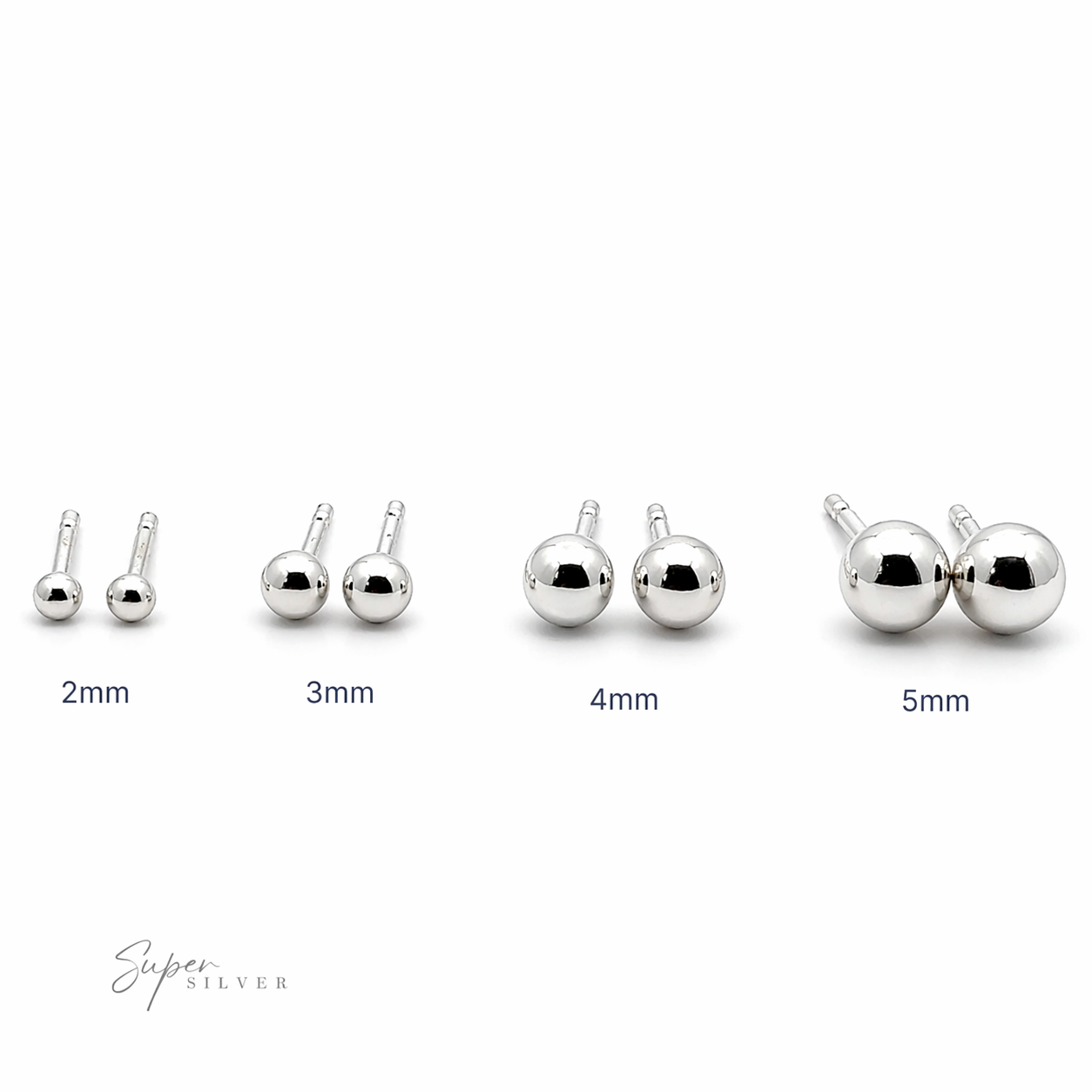 Four pairs of Simple Silver Ball Studs in 2mm, 3mm, 4mm, and 5mm sizes are arranged in a row from smallest to largest on a white background—a versatile must-have for any jewelry collection.