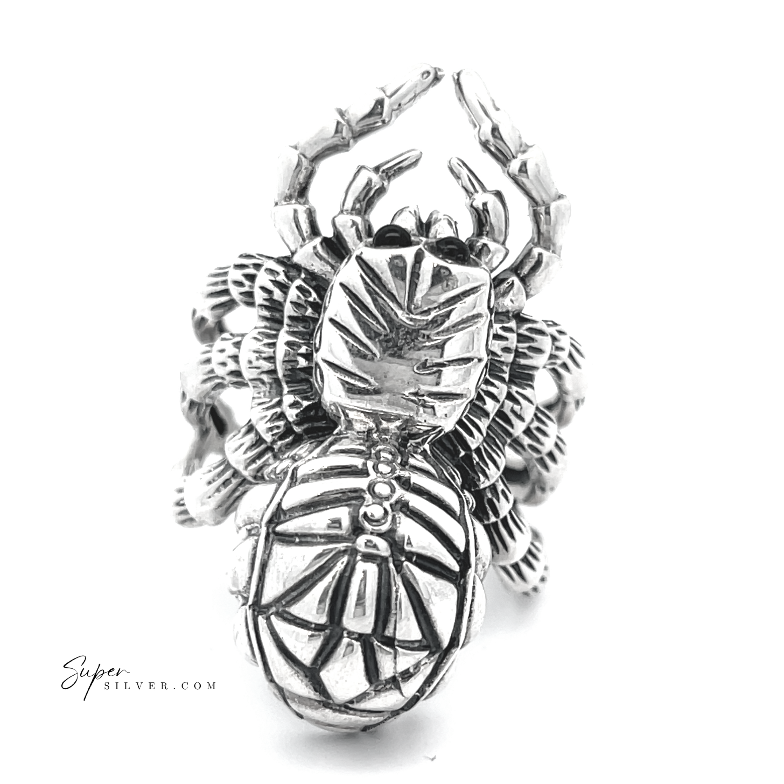Exquisitely crafted Adjustable Statement Spider Ring made of sterling silver, featuring a detailed body and legs against a white background, highlighting the artistry of handcrafted jewelry.