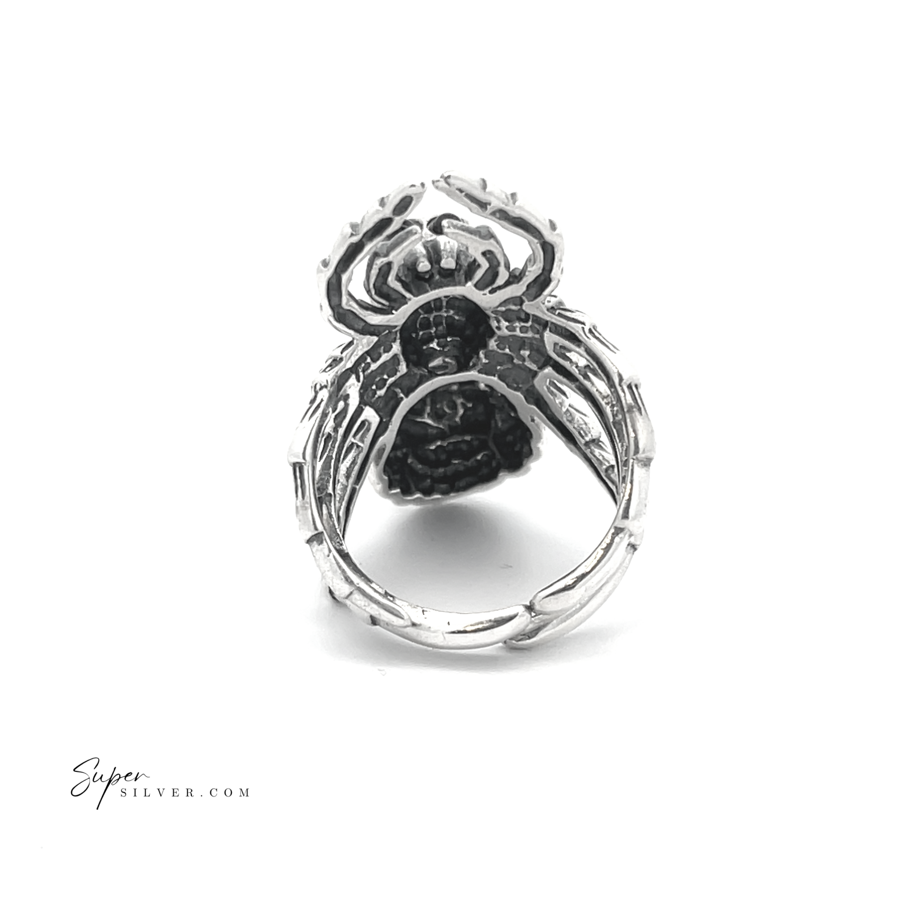 The Adjustable Statement Spider Ring features a detailed design set against a sleek white background, all crafted from sterling silver.