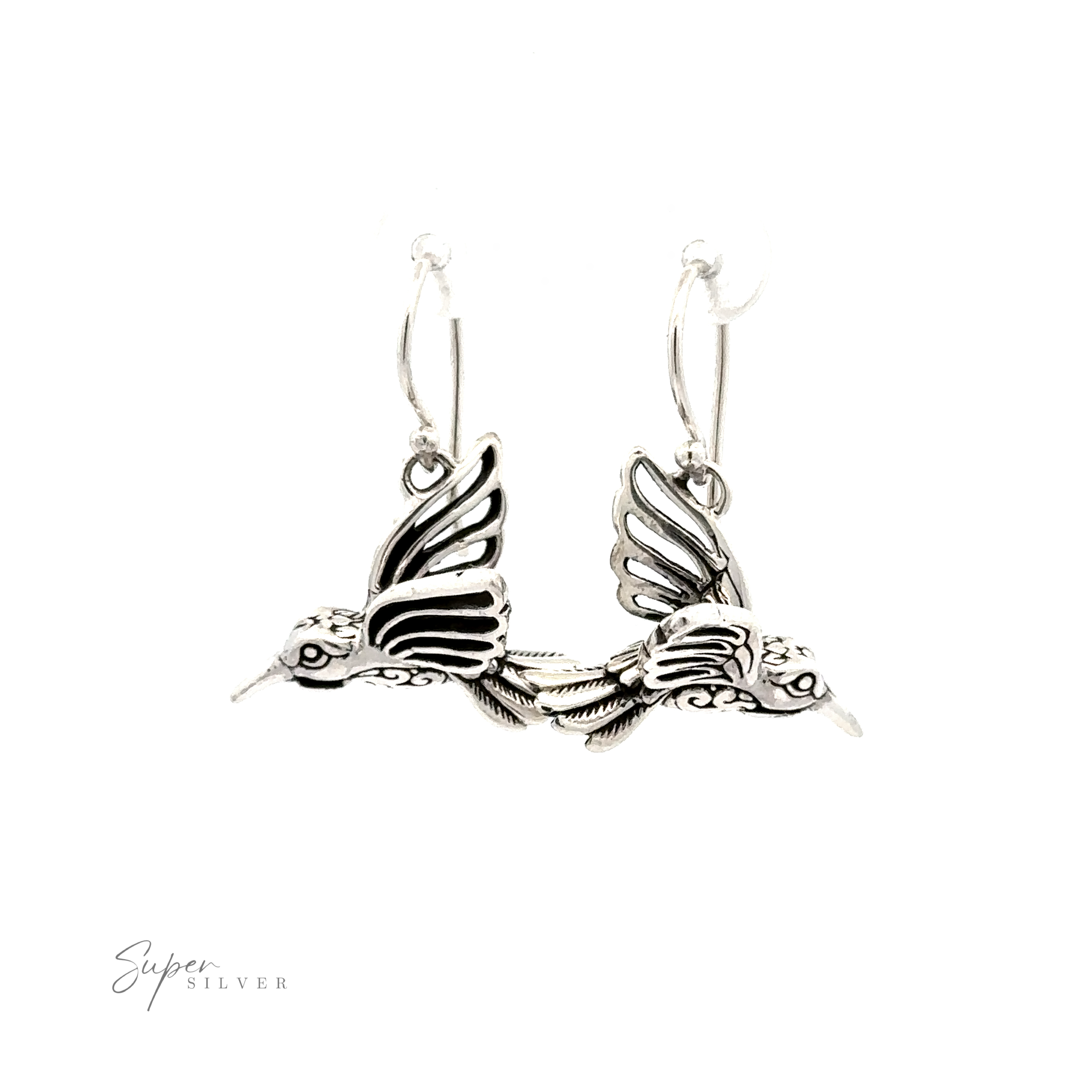 Filigree Hummingbird Earrings with detailed hummingbird designs, featuring intricate filigree carvings and hoop clasps. Text "Super Silver" is visible in the corner.