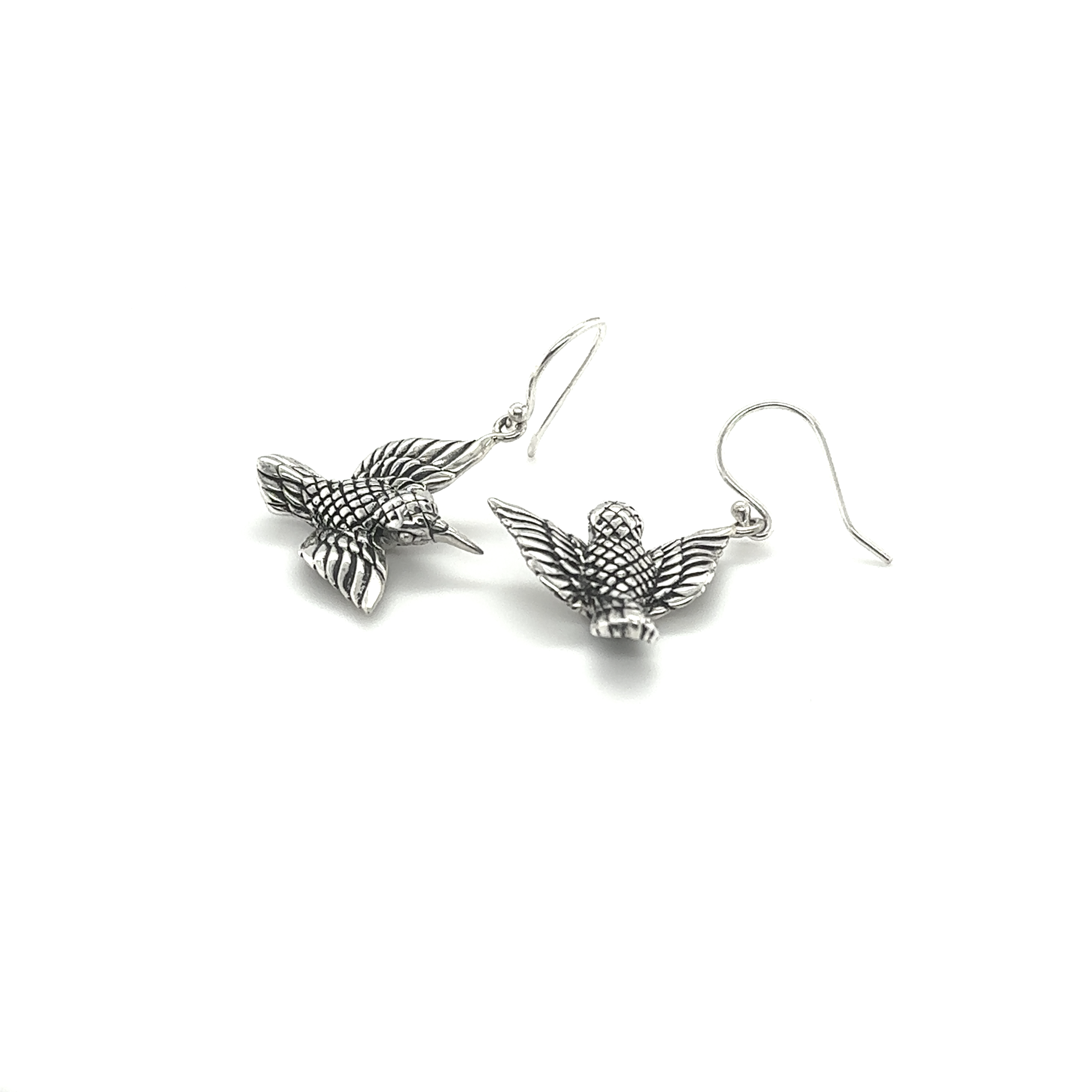 A pair of Super Silver Detailed Hummingbird Earrings adorned with delicate hummingbirds.