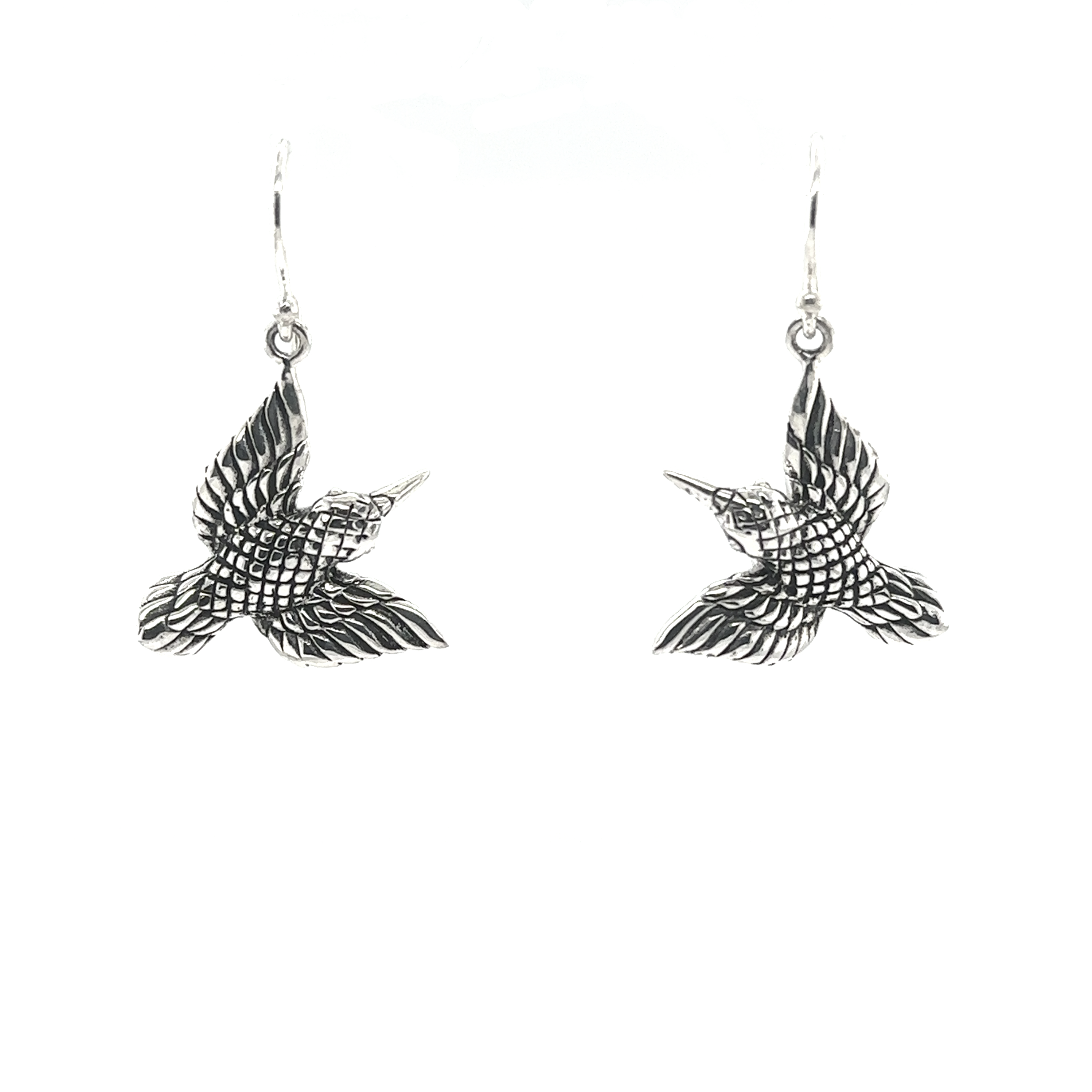 A pair of Super Silver Detailed Hummingbird Earrings on a white background.