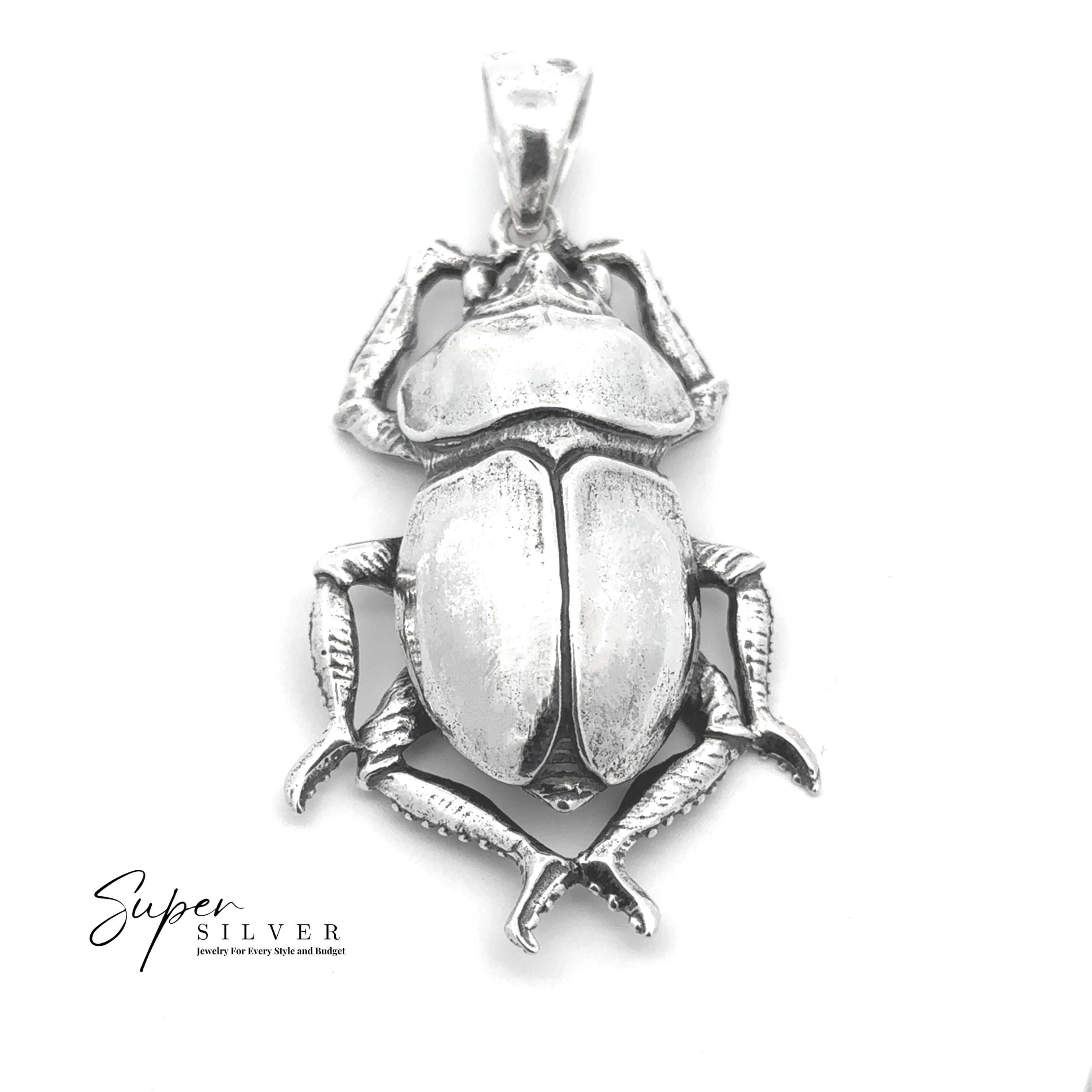 Beetle Pendant with intricate legs and body, displayed on a white background featuring "Super Silver" branding in the lower left corner. Ideal for those who love Egyptian-inspired jewelry.