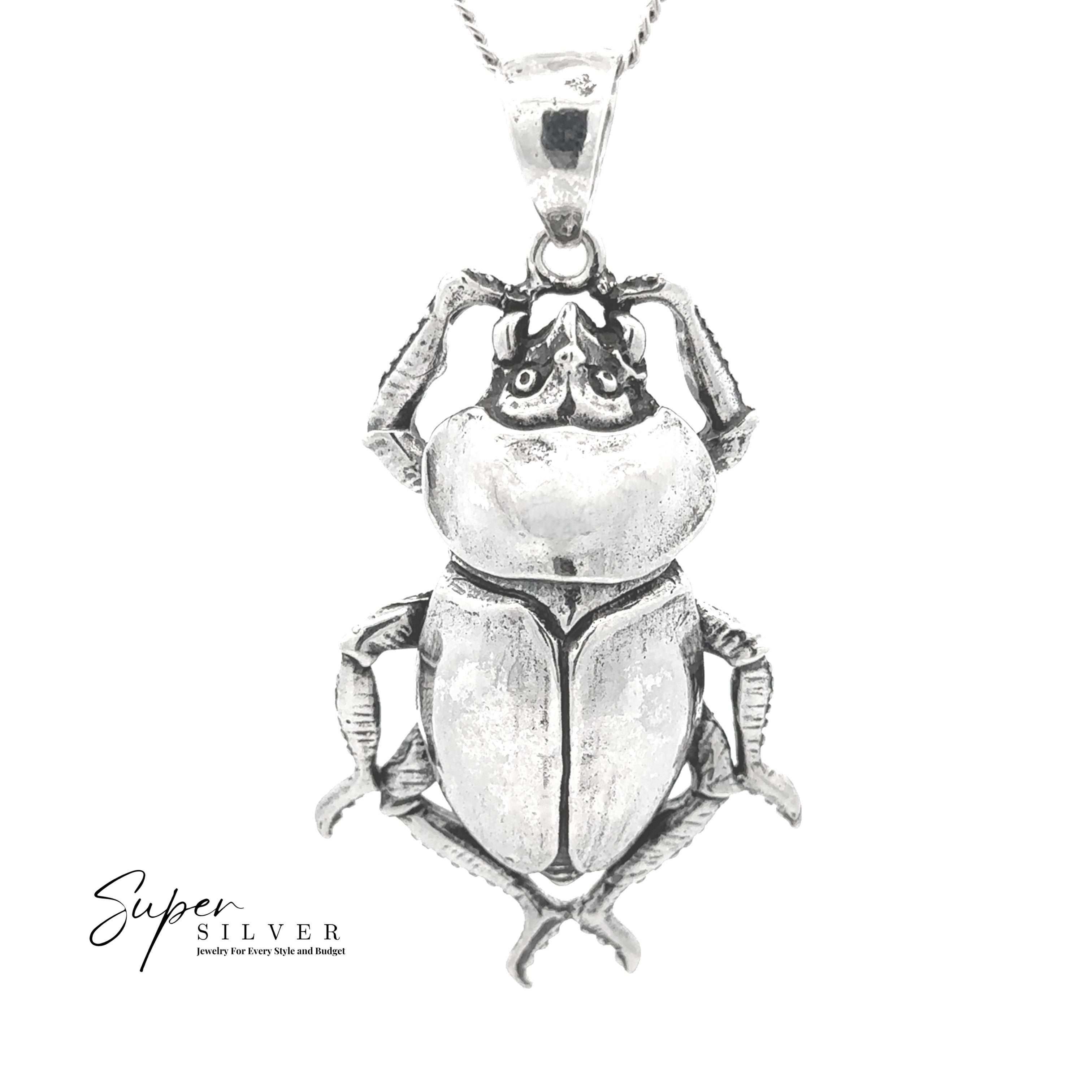 Beetle Pendant necklace in sterling silver, inspired by classic Egyptian jewelry, displayed on a white background with "Super Silver" text in the lower left corner.