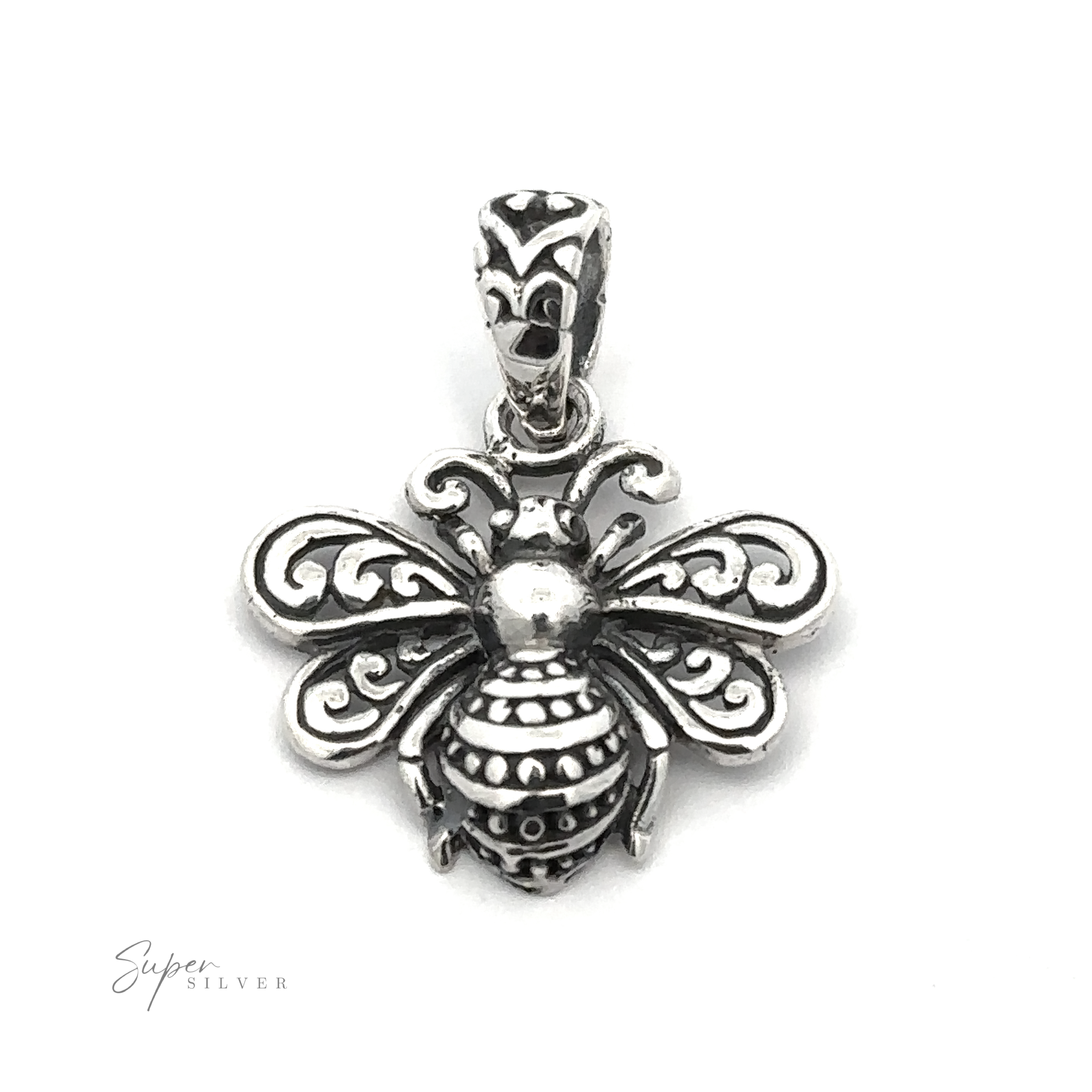 A detailed, silver Filigree Bee Pendant with ornate patterns on its wings and body. The pendant hook also has intricate designs. The text "Super Silver .925 Sterling Silver" is visible at the bottom left corner.