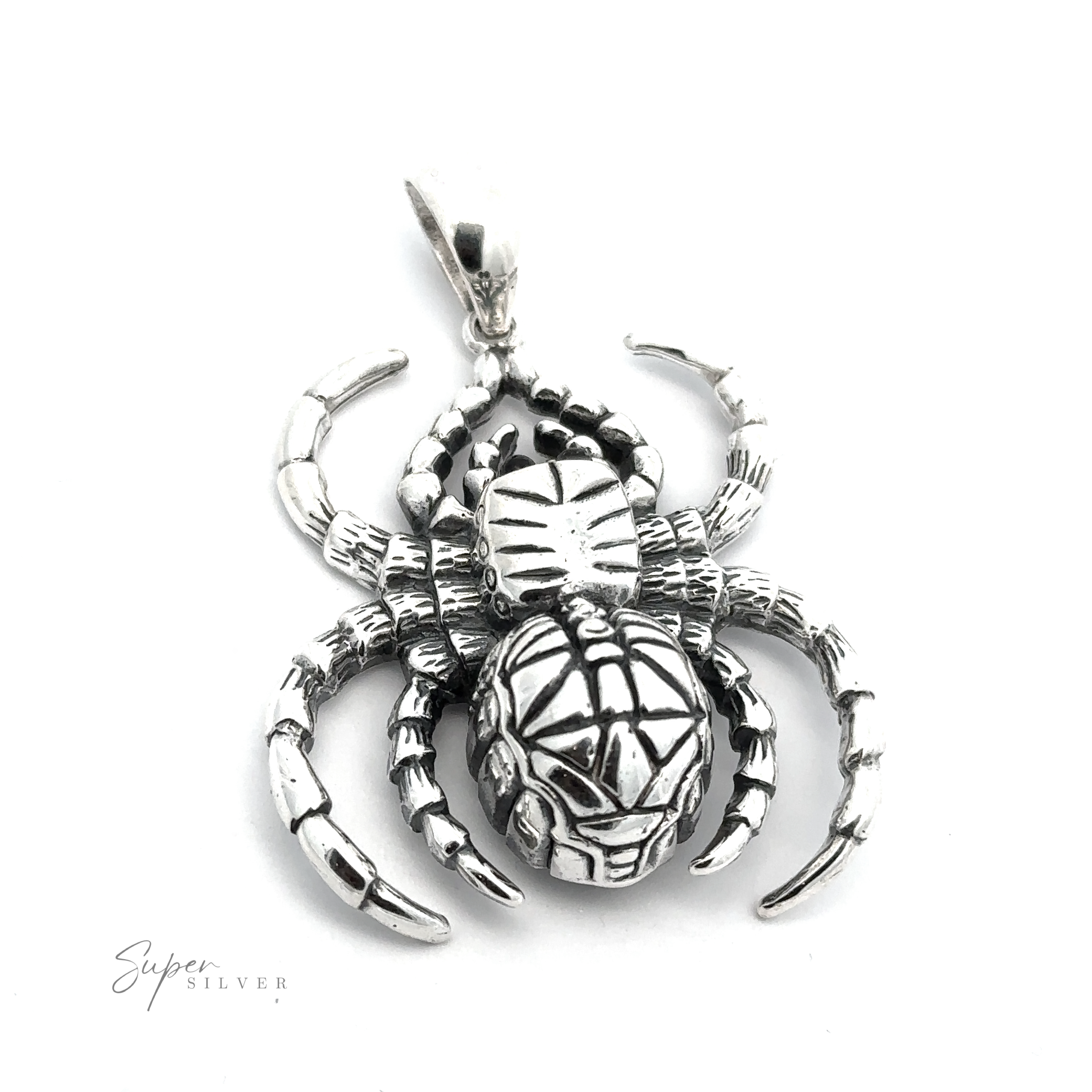 A detailed Large Spider Pendant featuring eight legs and a patterned body, meticulously crafted from .925 Sterling Silver, with the text "Super Silver" inscribed at the bottom left. This exquisite piece exemplifies the artistry of handcrafted jewelry.