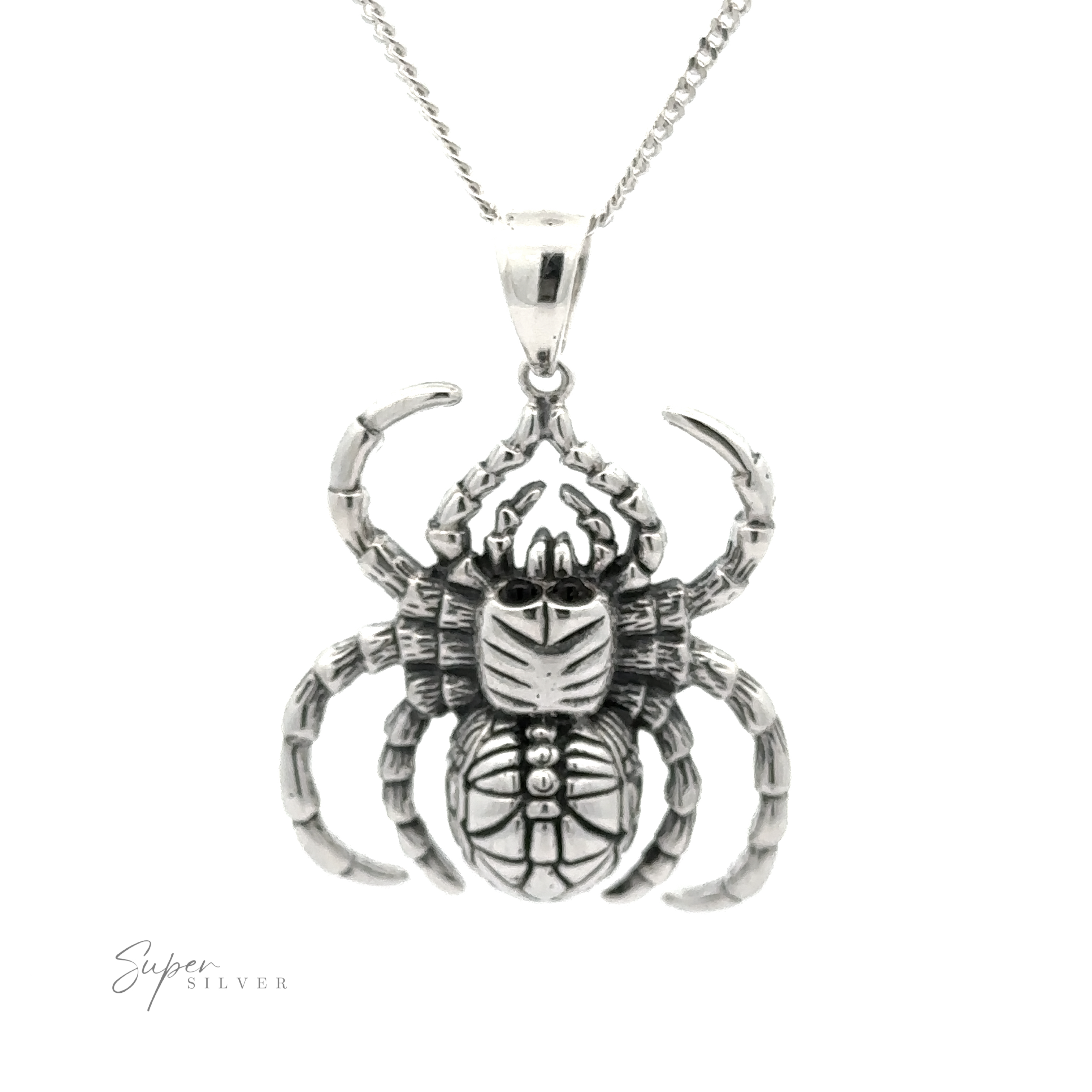 A Large Spider Pendant featuring a pendant shaped like a detailed spider. The handcrafted jewelry piece is intricately designed with eight legs and a segmented body, making it a stunning piece to add to your collection.