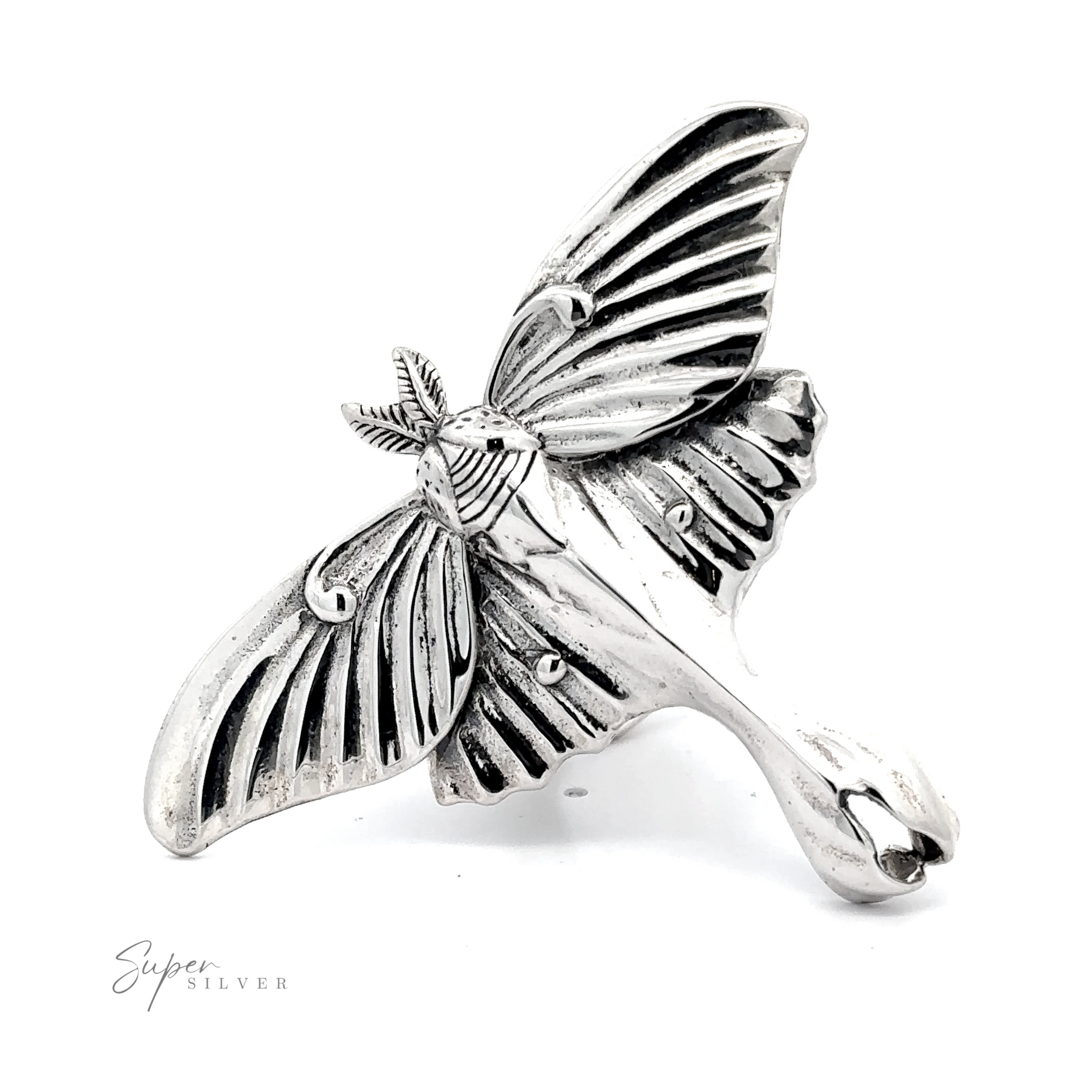 Statement Lunar Moth Ring designed as a stylized butterfly with detailed wings and body, crafted from sterling silver, displayed on a white background.