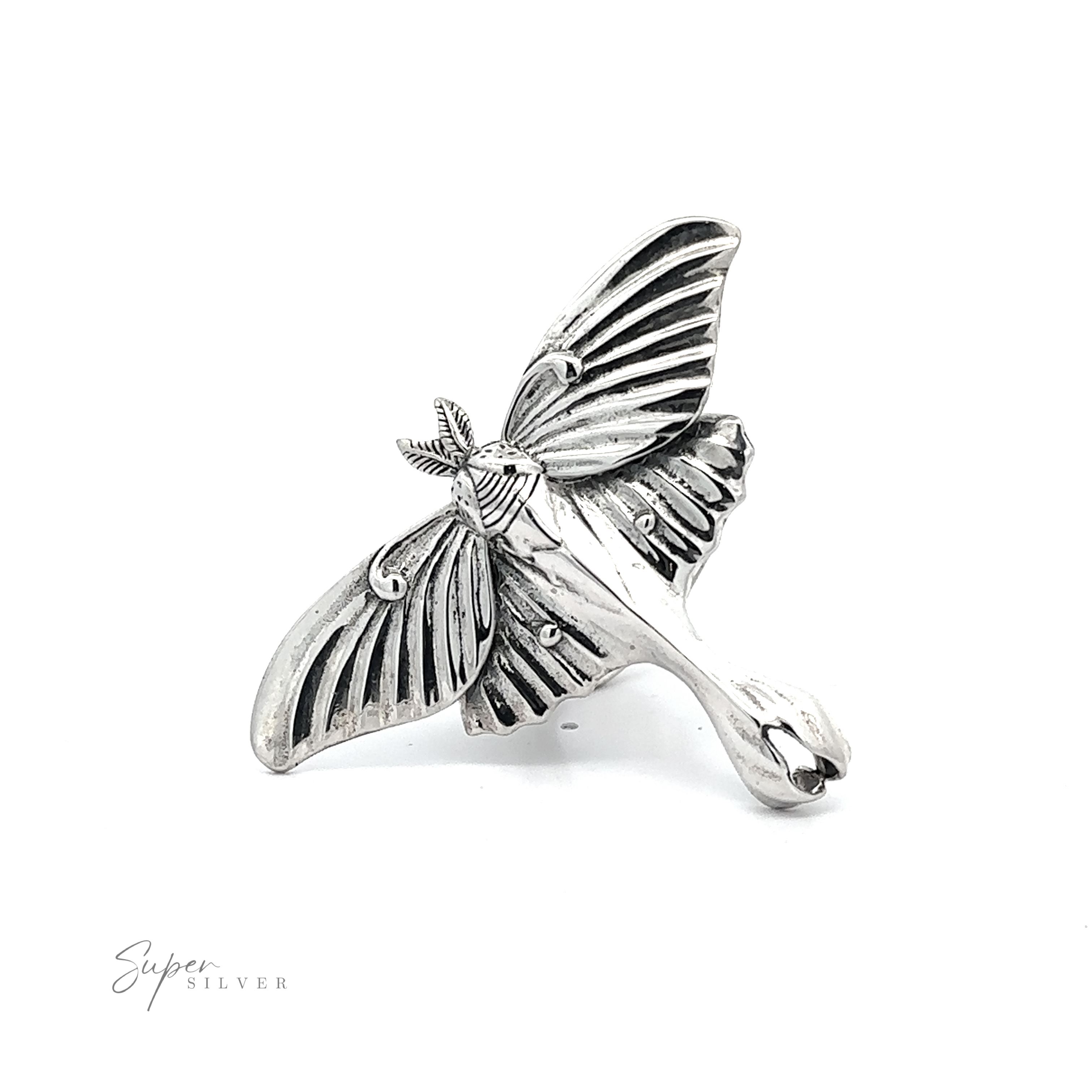 A Statement Lunar Moth Ring, featuring detailed wings and a slight patina, displayed against a white background.