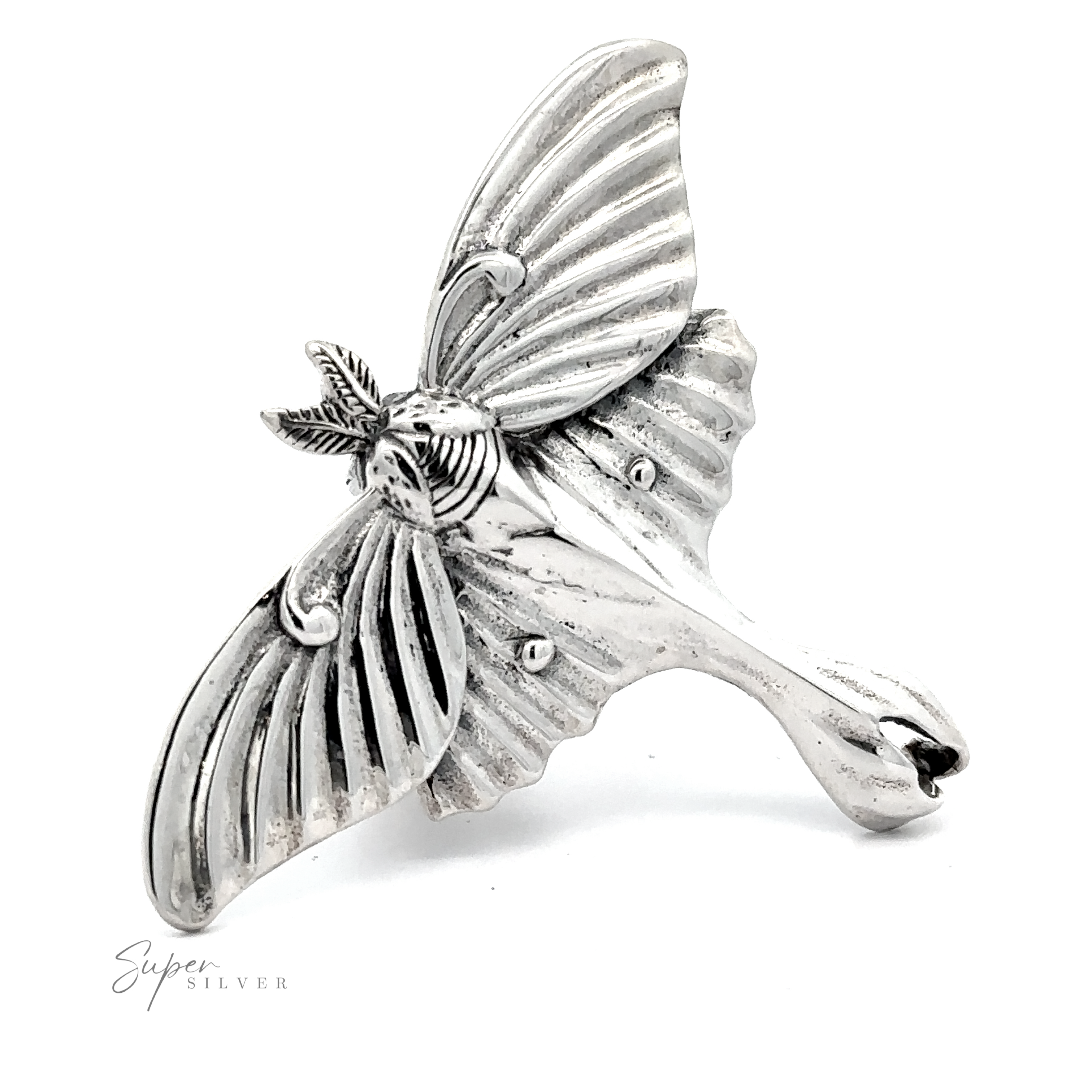 Statement Lunar Moth Ring with detailed wings and body, displayed against a white background with an engraved signature "super silver.