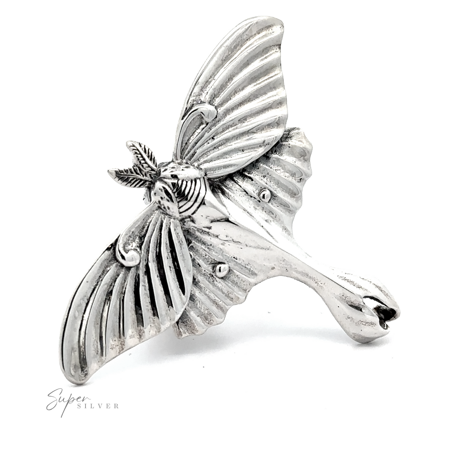 
                  
                    Statement Lunar Moth Ring with detailed wings and body, displayed against a white background with an engraved signature "super silver.
                  
                