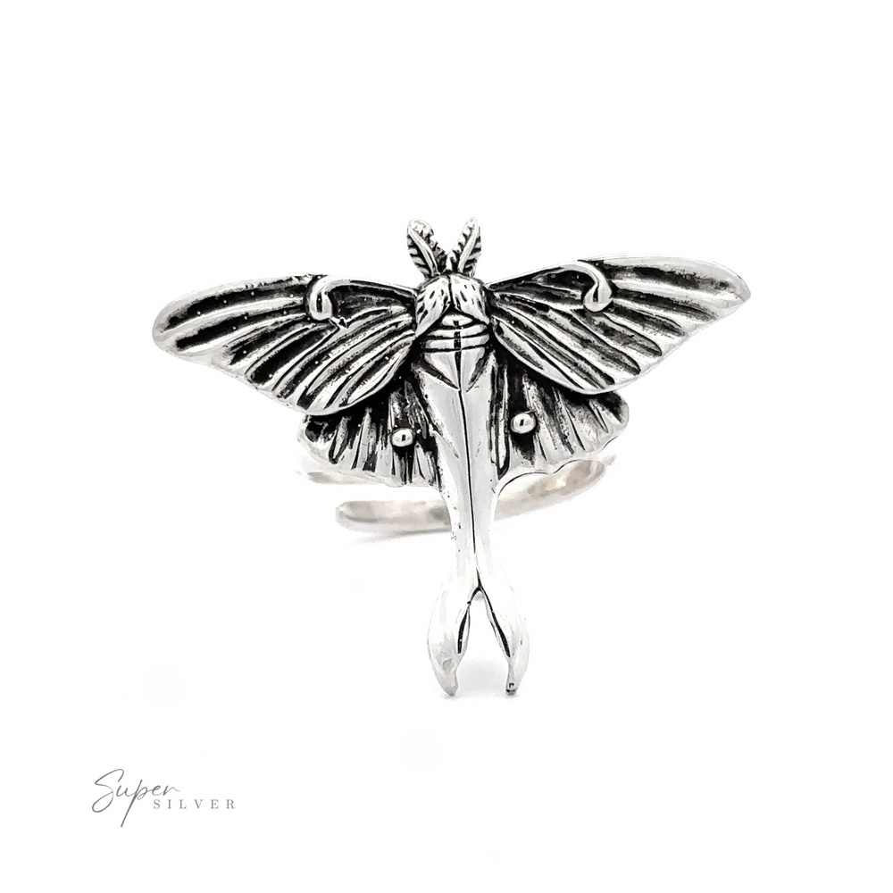 
                  
                    A Statement Lunar Moth Ring designed in sterling silver, featuring detailed wings and body, displayed against a white background.
                  
                