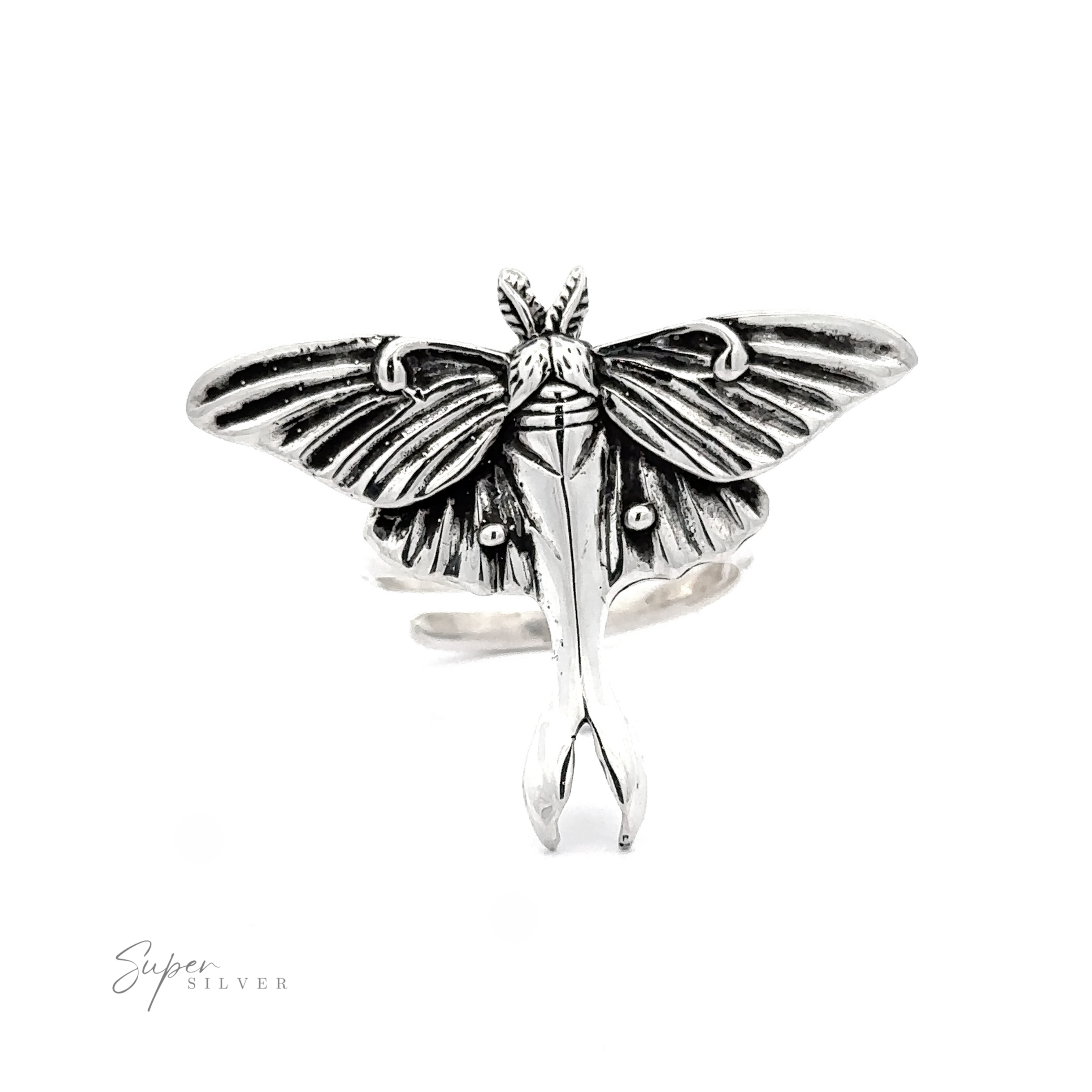 A Statement Lunar Moth Ring designed in sterling silver, featuring detailed wings and body, displayed against a white background.
