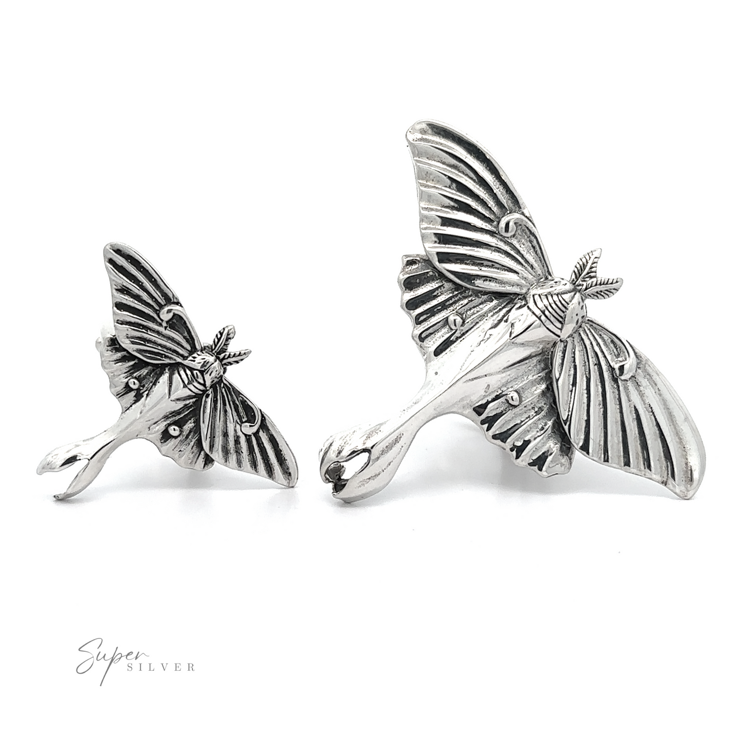 A pair of Statement Lunar Moth Ring earrings with detailed wing engravings, displayed on a white background.