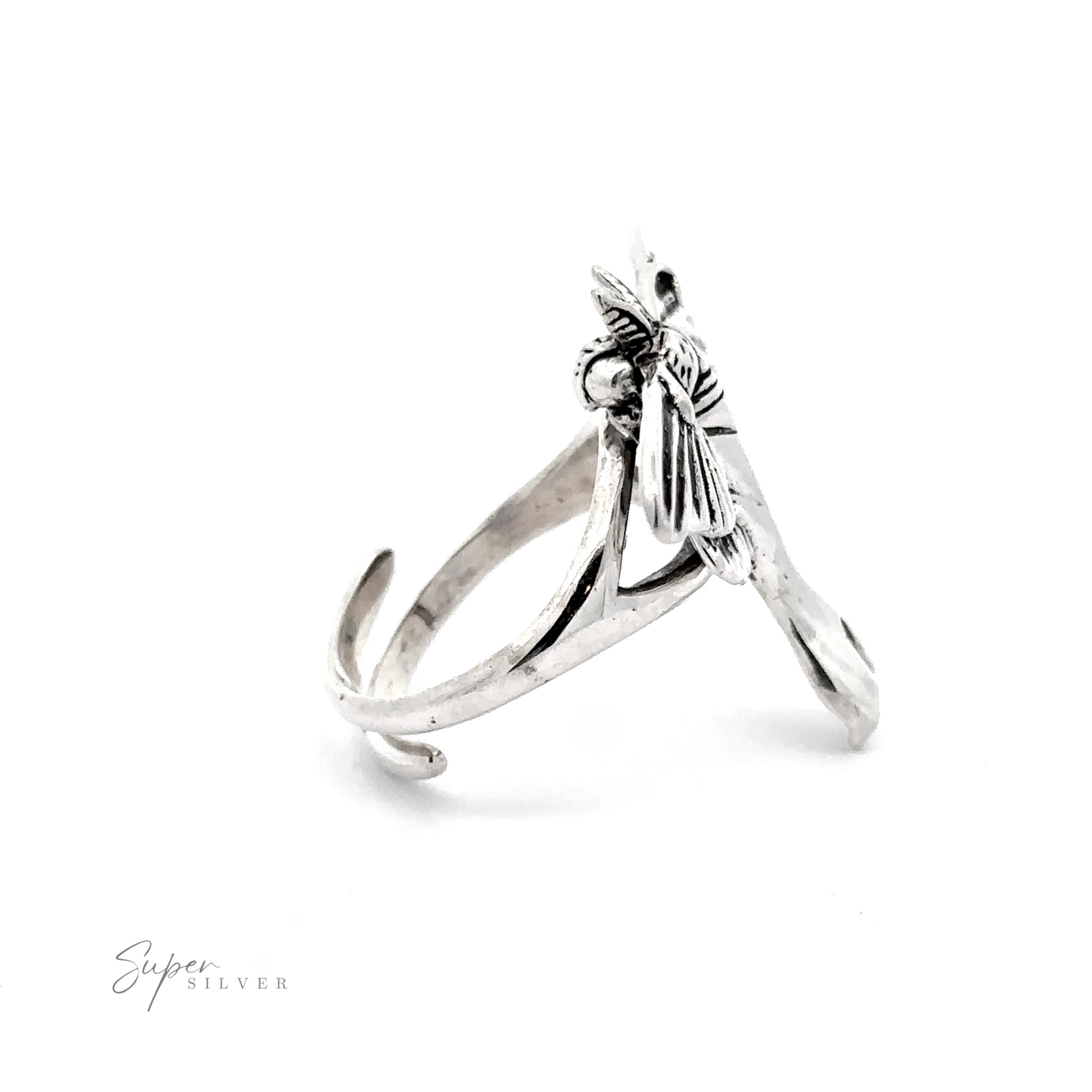 Statement Lunar Moth Ring designed as a stylized dragonfly, viewed on a white background with a stamped signature "super silver".